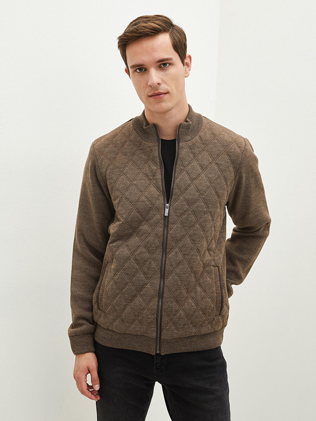 Kahverengi Standart Kalıp Dik Yaka Erkek Hırka-2