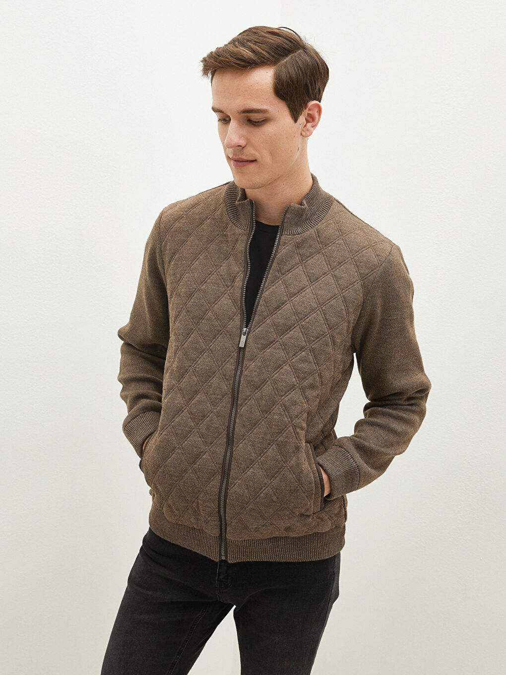 Kahverengi Standart Kalıp Dik Yaka Erkek Hırka-3