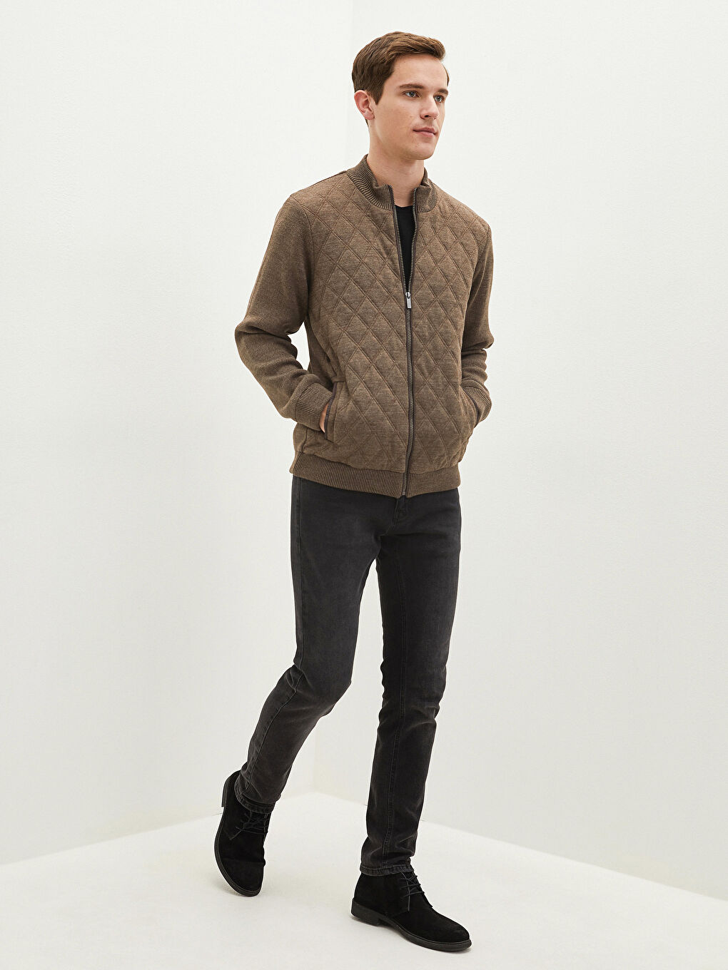 Kahverengi Standart Kalıp Dik Yaka Erkek Hırka-4