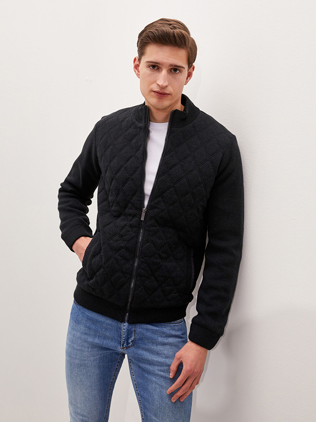 Yeşil Standart Kalıp Dik Yaka Erkek Hırka