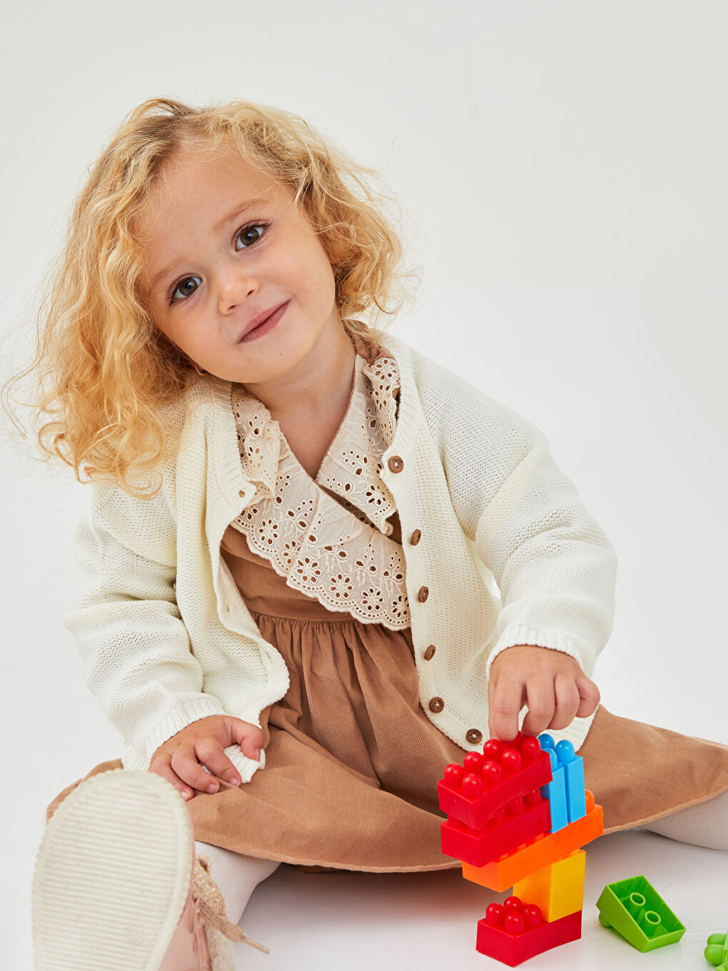 Ekru Bisiklet Yaka Uzun Kol Basic Kız Bebek Triko Hırka-1