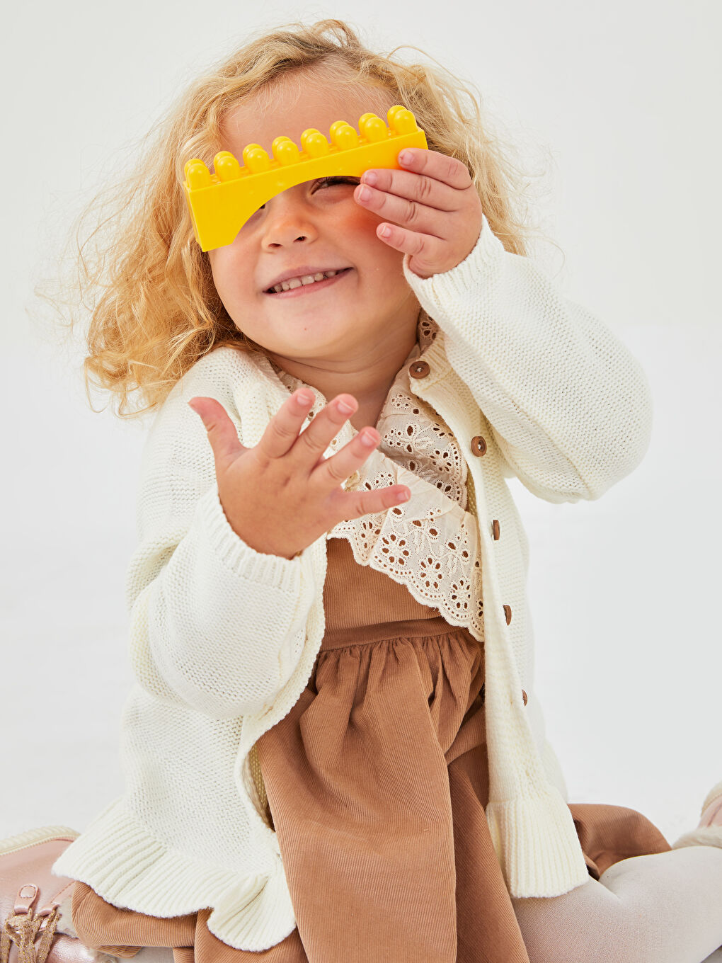 Ekru Bisiklet Yaka Uzun Kol Basic Kız Bebek Triko Hırka-2