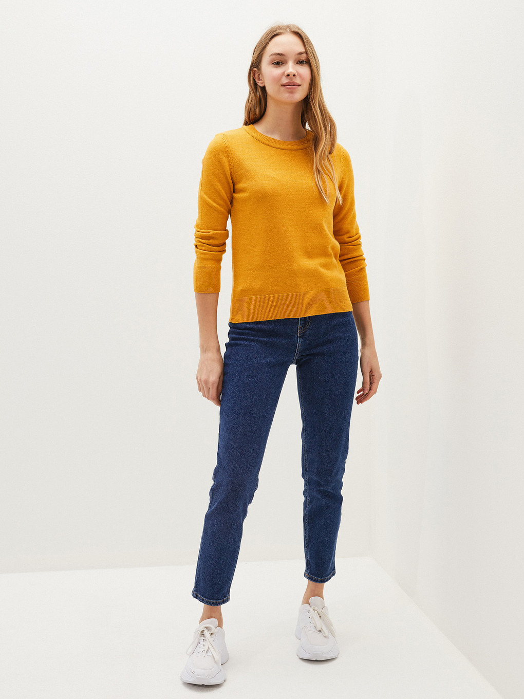 Crew Neck Plain Long Sleeved Women's Knitwear Sweater-3