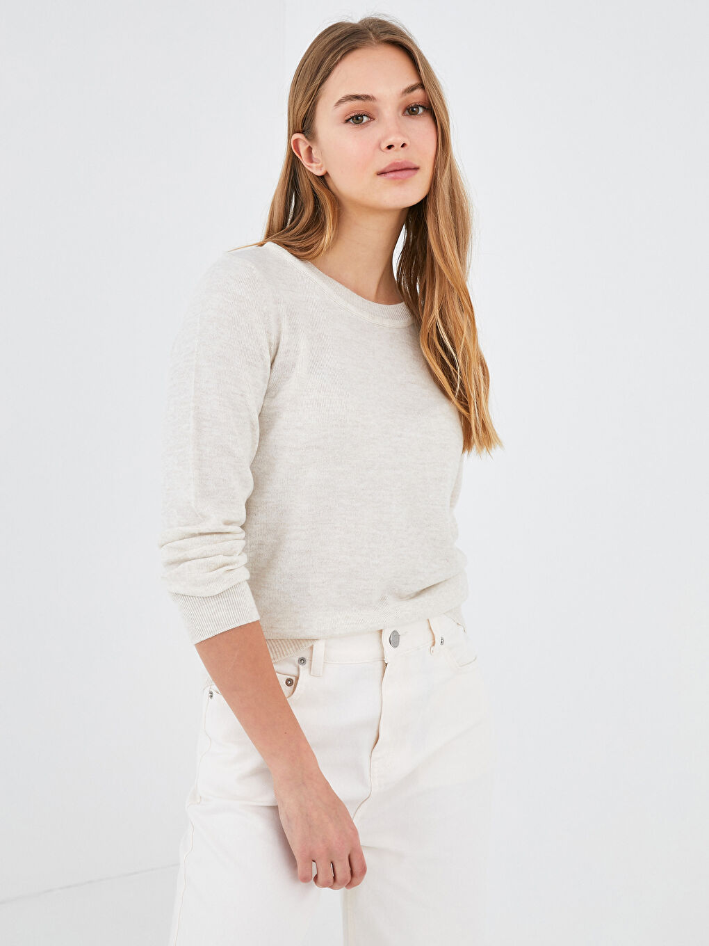 Bej Bisiklet Yaka Düz Uzun Kollu Kadın Triko  Kazak