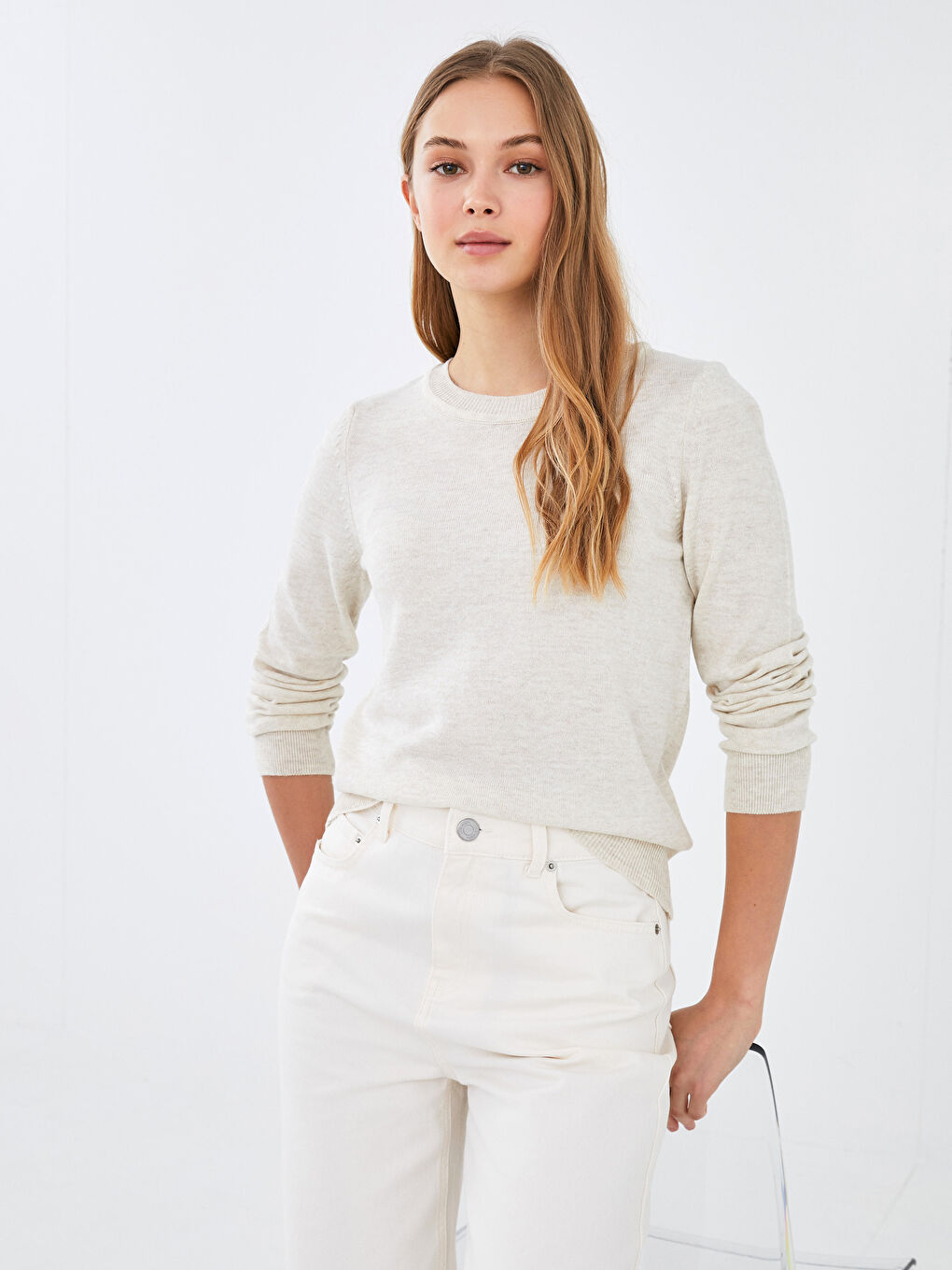 Bej Bisiklet Yaka Düz Uzun Kollu Kadın Triko  Kazak-1