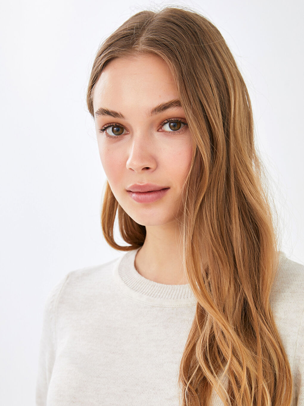 Bej Bisiklet Yaka Düz Uzun Kollu Kadın Triko  Kazak-2