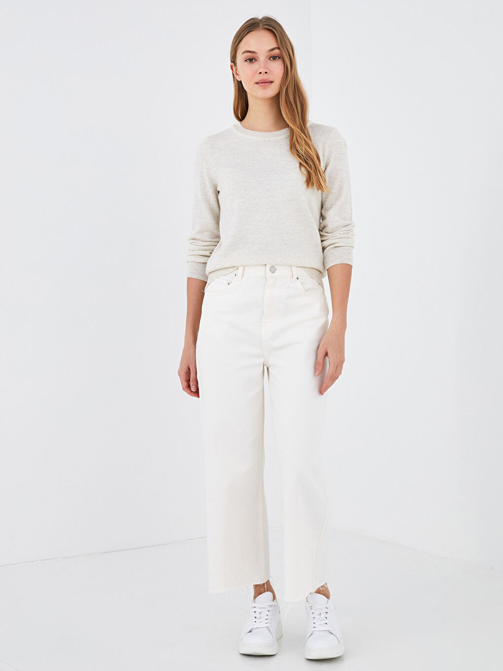 Bej Bisiklet Yaka Düz Uzun Kollu Kadın Triko  Kazak-3