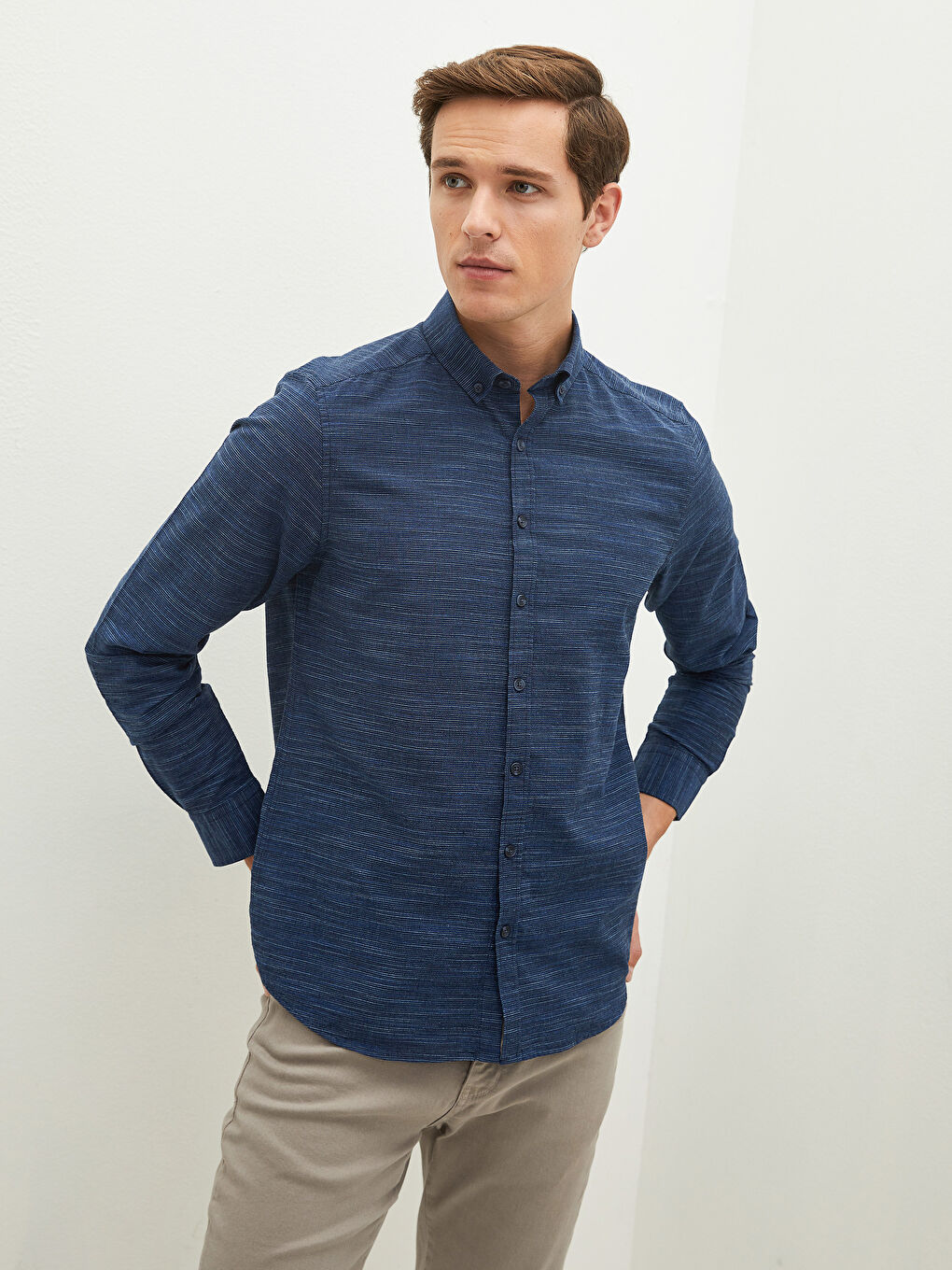 Ерлерге арналған тар пішім ұзын жең поплин жейде-2