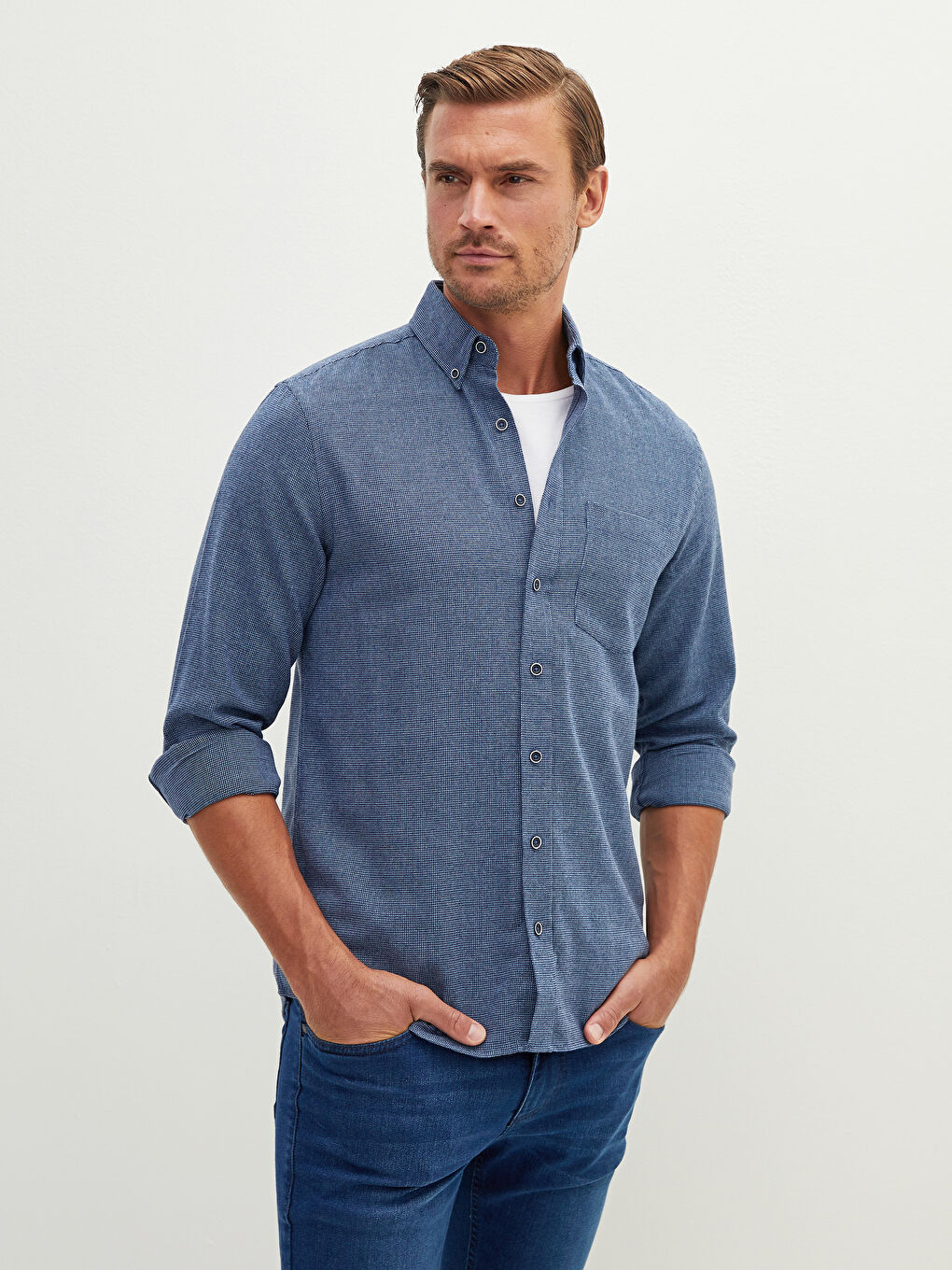 Lacivert Regular Fit Uzun Kollu Armürlü Erkek Gömlek-3
