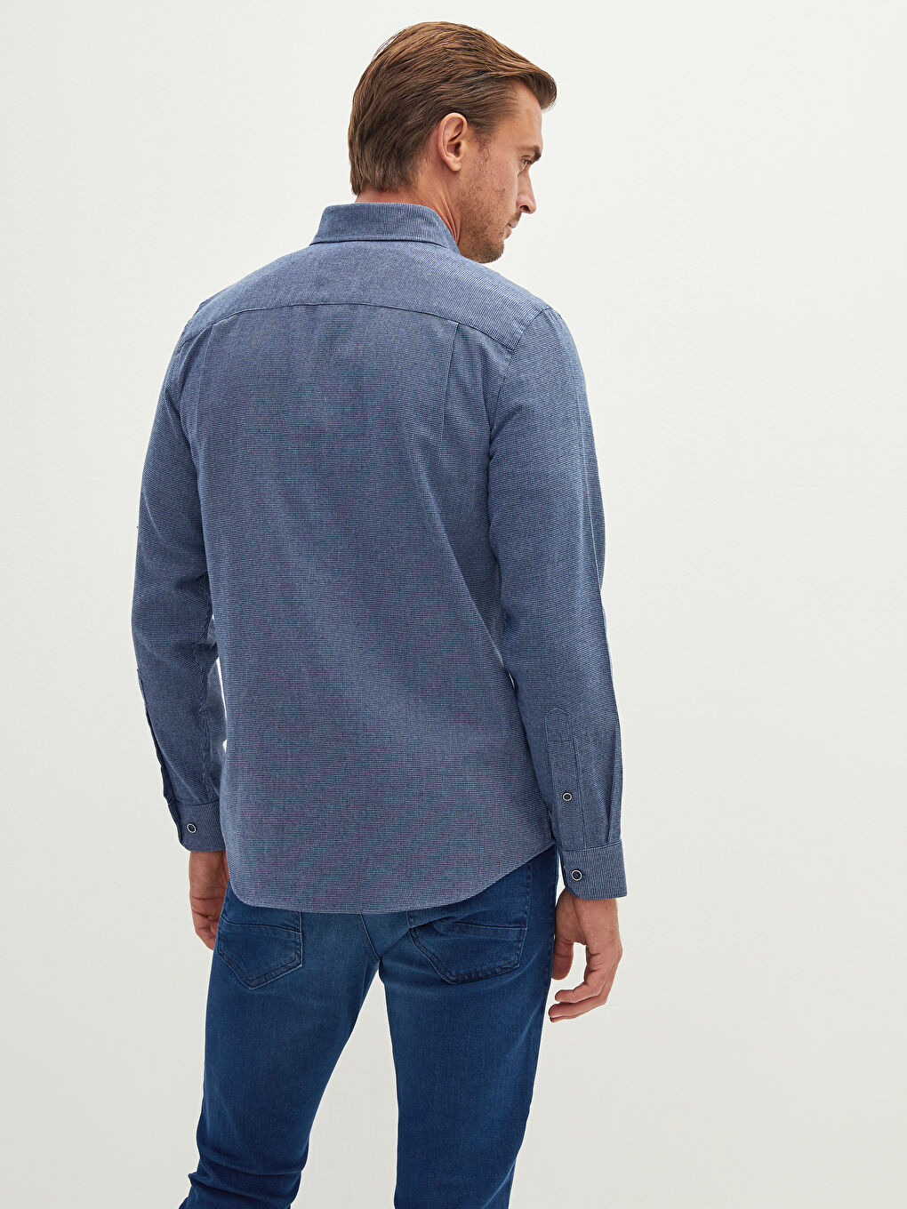 Lacivert Regular Fit Uzun Kollu Armürlü Erkek Gömlek-4