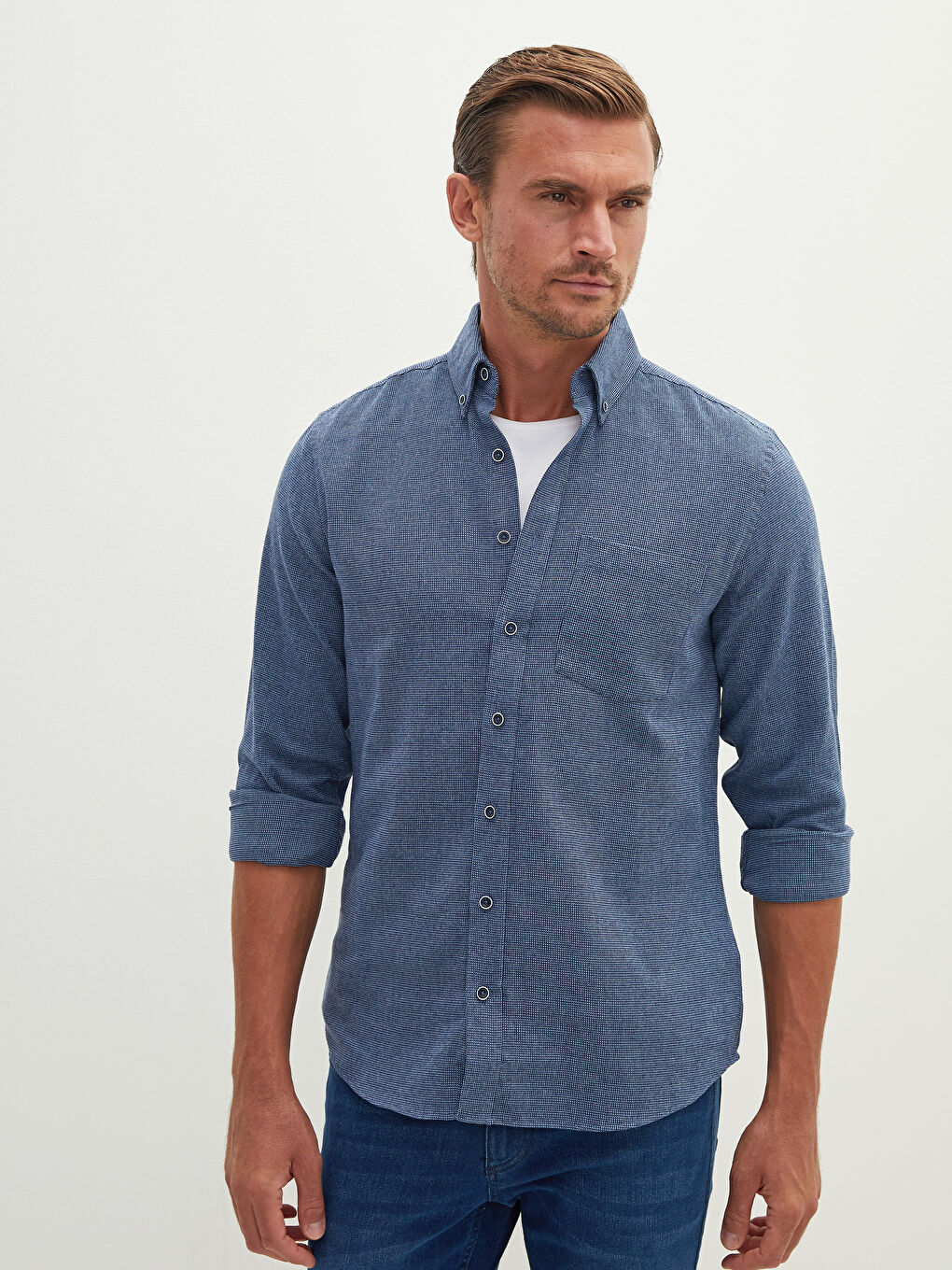 Lacivert Regular Fit Uzun Kollu Armürlü Erkek Gömlek