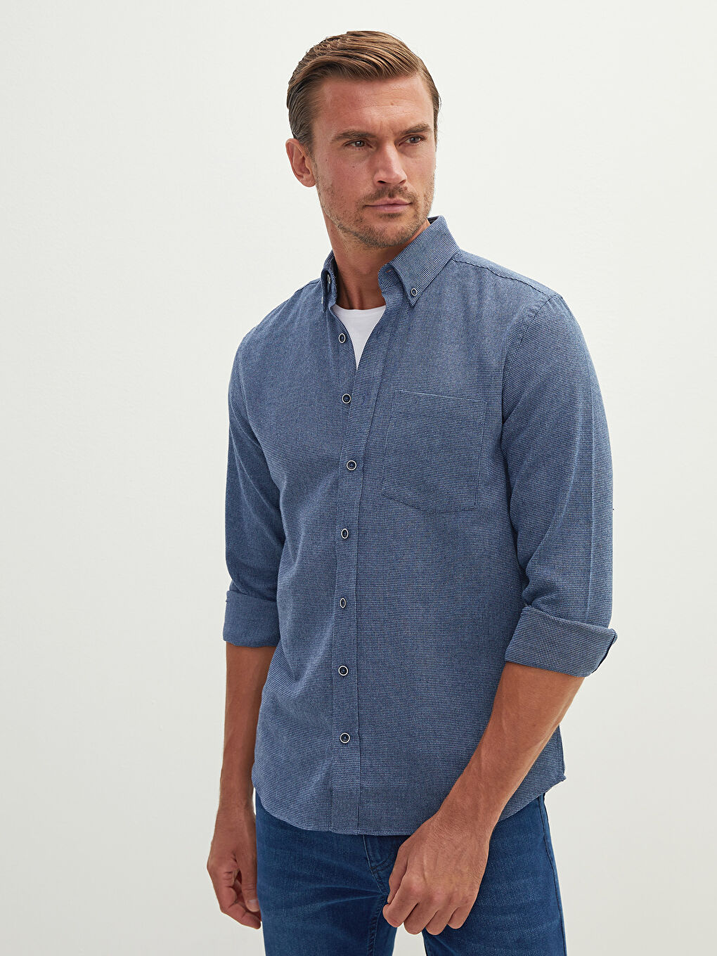 Lacivert Regular Fit Uzun Kollu Armürlü Erkek Gömlek-1