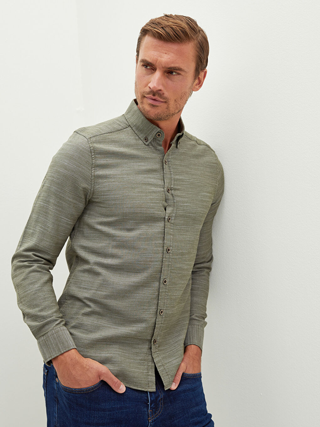 Рубашка Мужская Слим Фит С Длинным Рукавом Из Ткани Добби-2