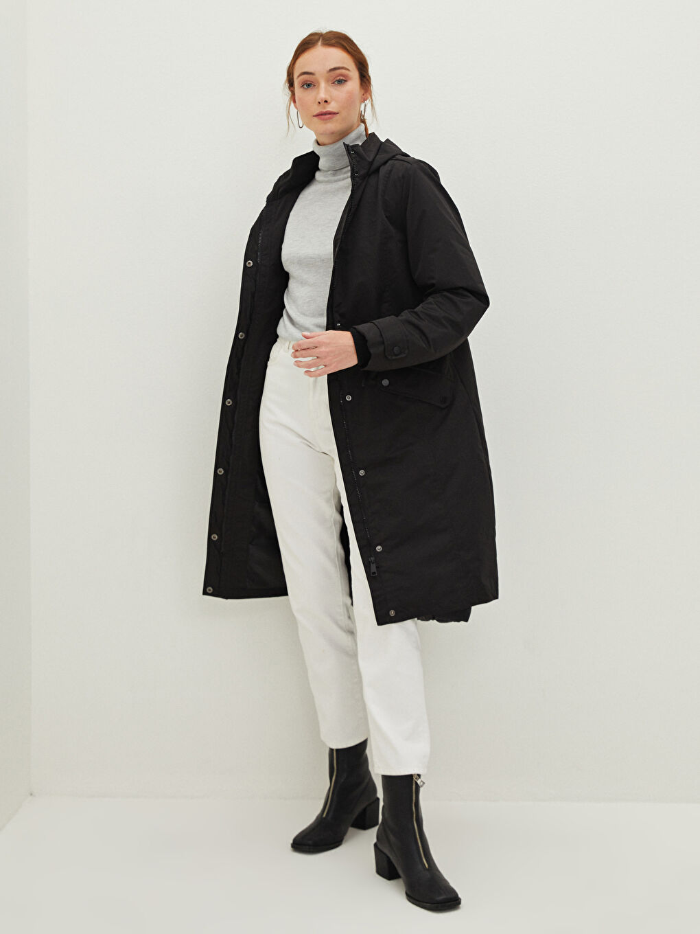 Парка с капюшоном, стандартным кроем, длинным рукавом и деталями кармана для женщин-1