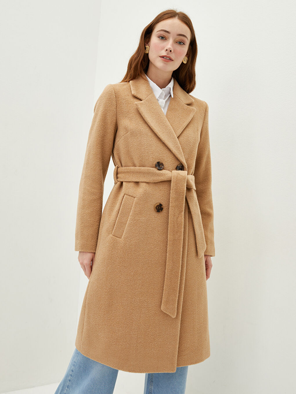 LCWAIKIKI Classic Hemdkragen Reguläre Taille Gürtel Langarm Wollmischung-Mantel für Damen -W10834Z8-RNM