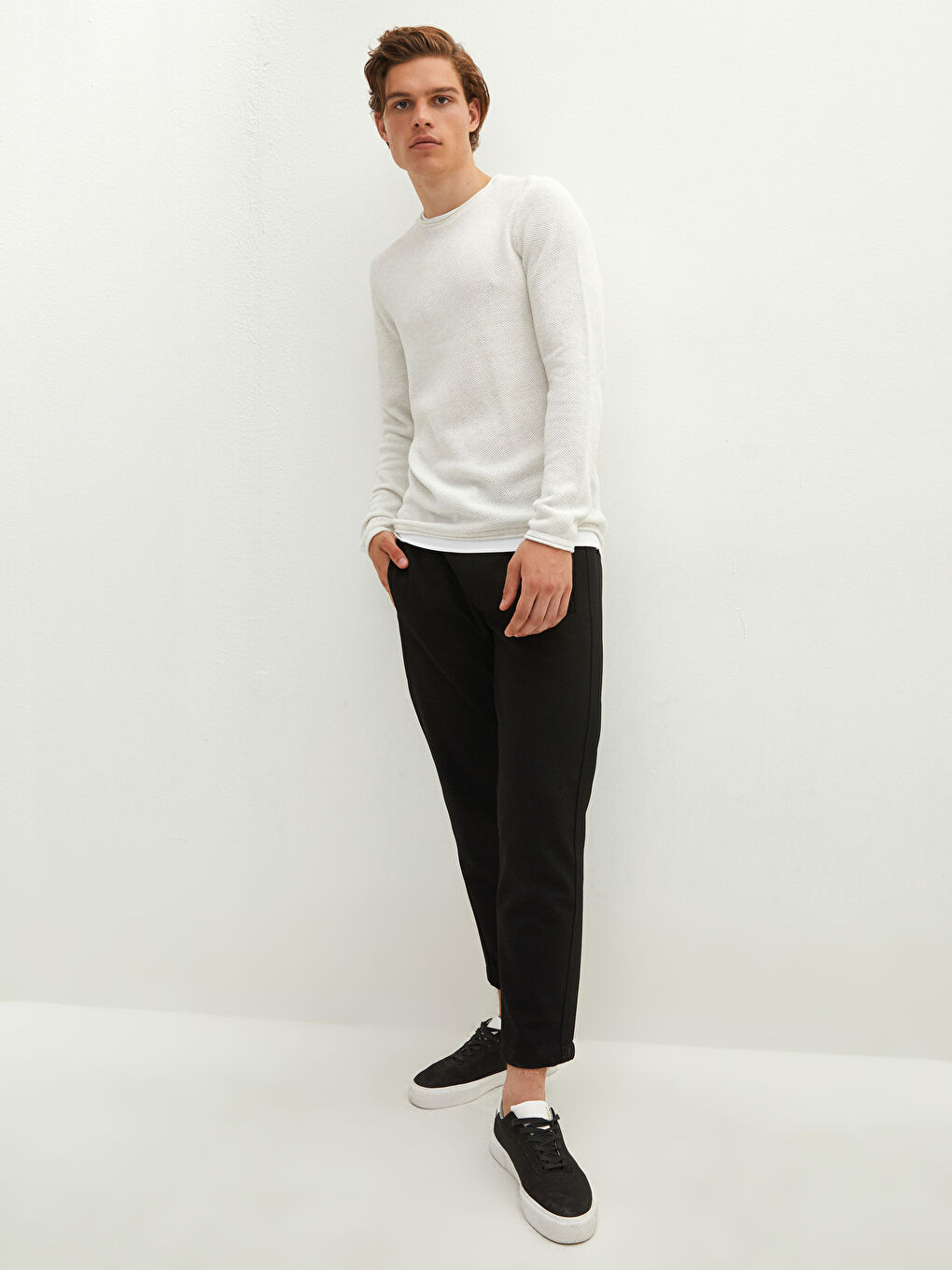 Crew Neck Long Sleeve Thin Men's Tricot Sweater-2
