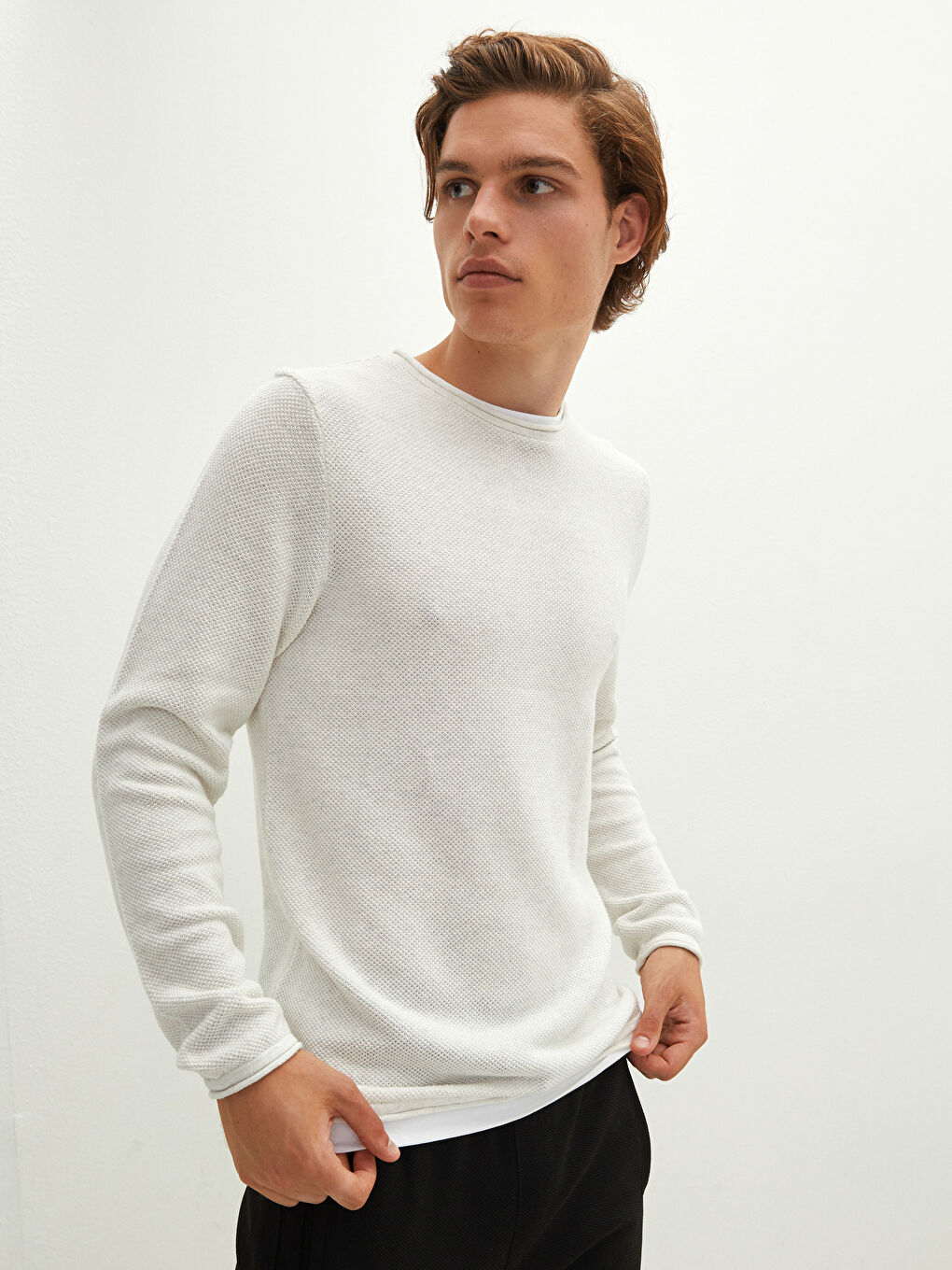 Crew Neck Long Sleeve Thin Men's Tricot Sweater-1