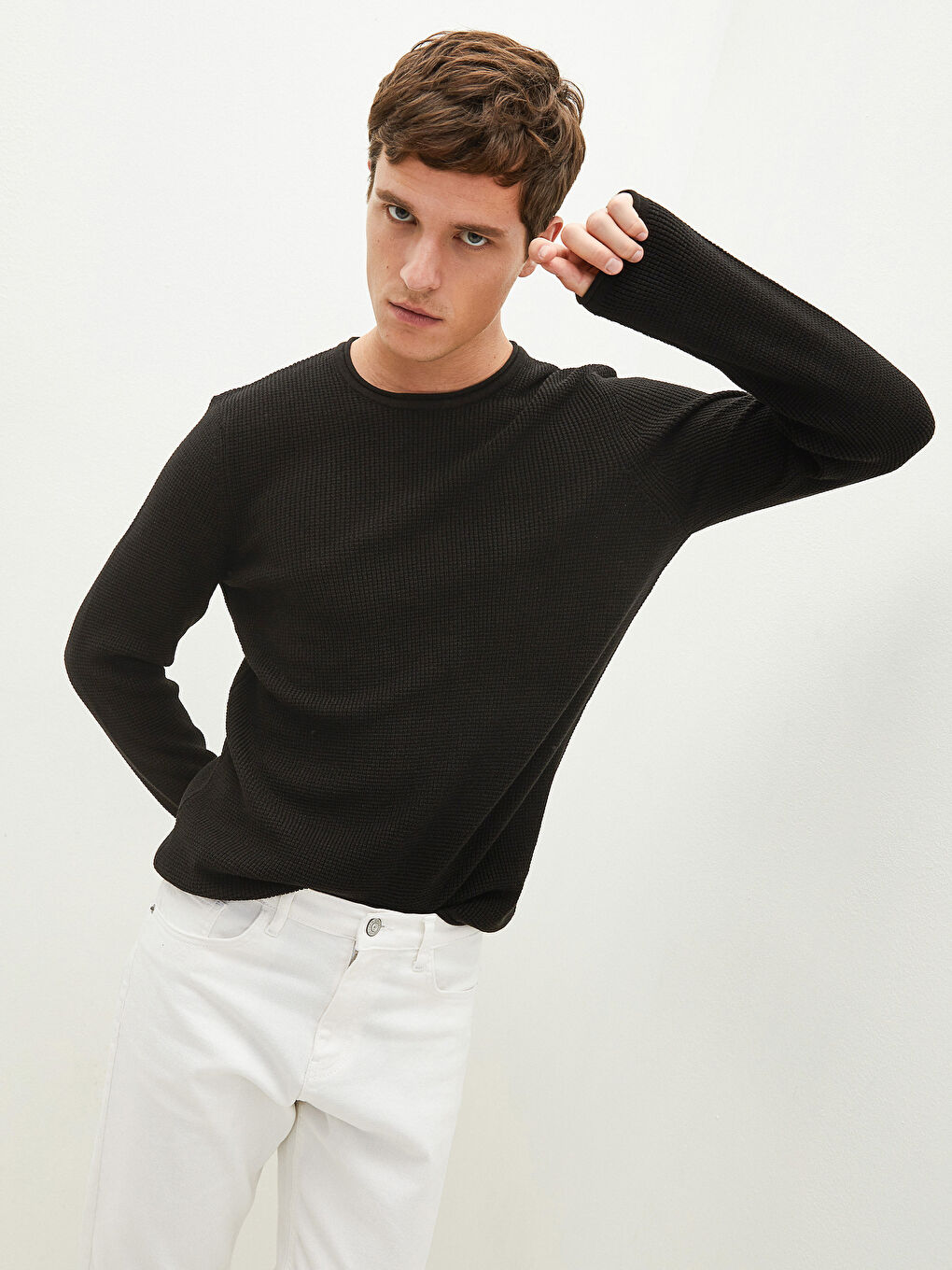 Crew Neck Long Sleeve Thin Men's Tricot Sweater-1