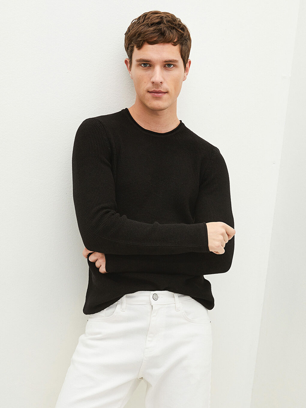 Crew Neck Long Sleeve Thin Men's Tricot Sweater-2