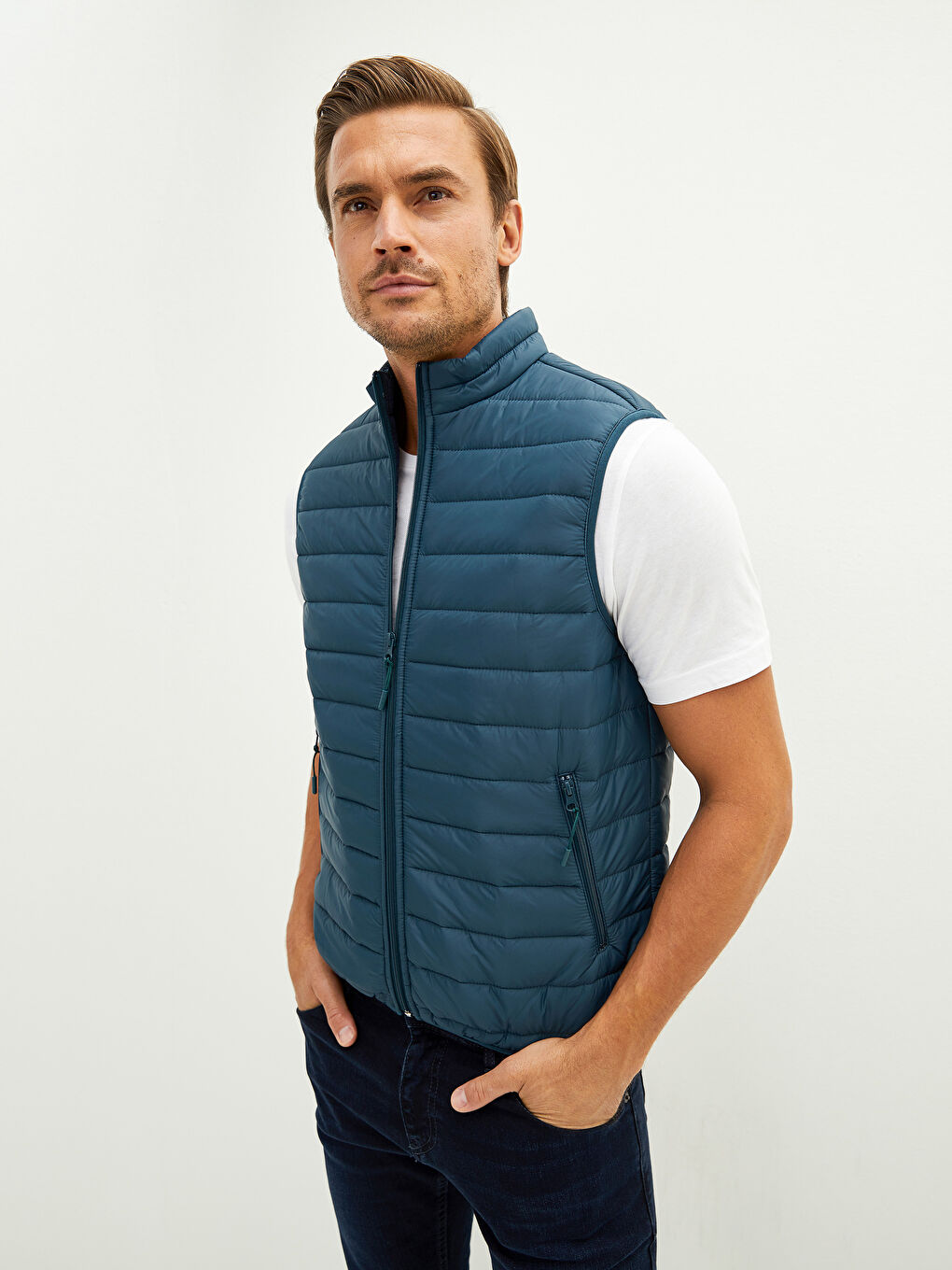 Petrol Slim Fit Dik Yaka İnce Erkek Yelek-2