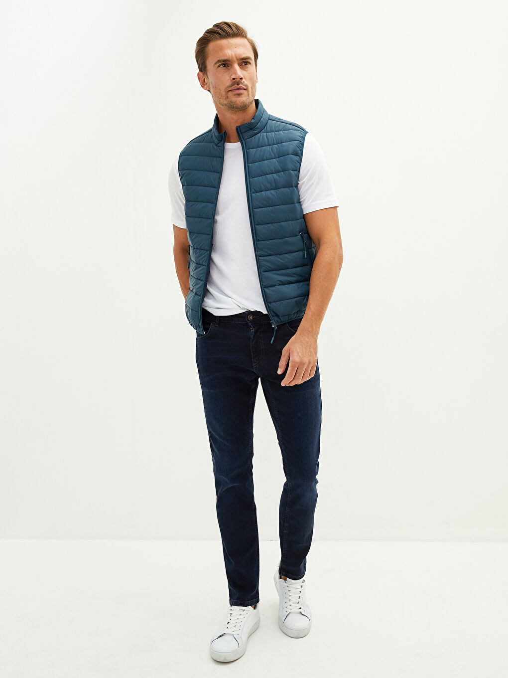 Petrol Slim Fit Dik Yaka İnce Erkek Yelek-3