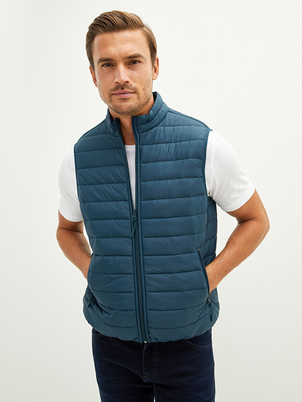 Petrol Slim Fit Dik Yaka İnce Erkek Yelek-1