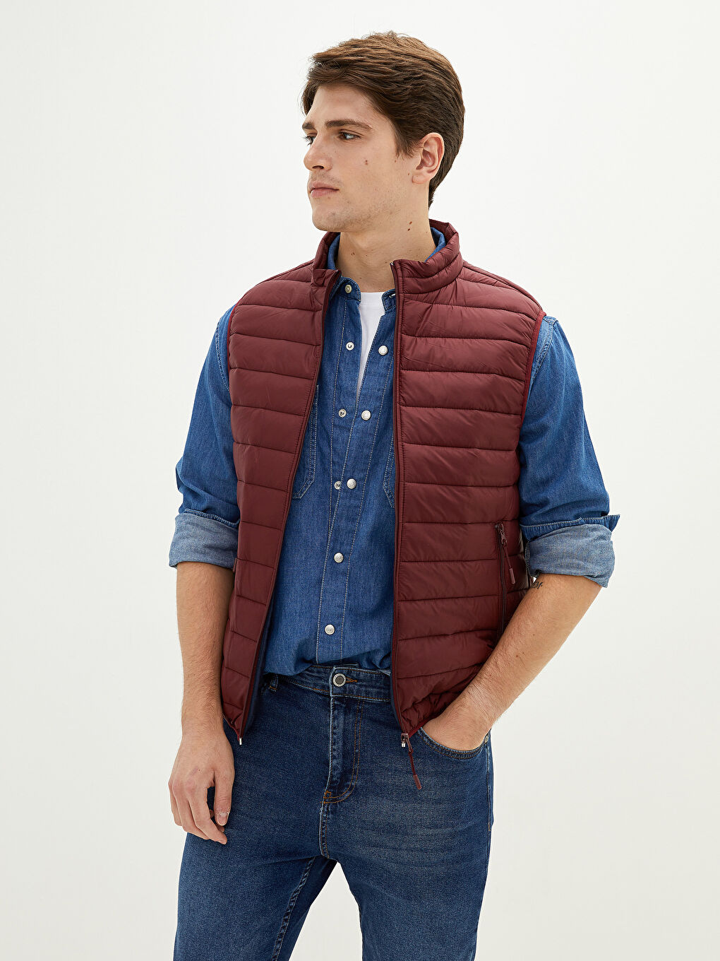 Bordo Slim Fit Dik Yaka İnce Erkek Yelek-1