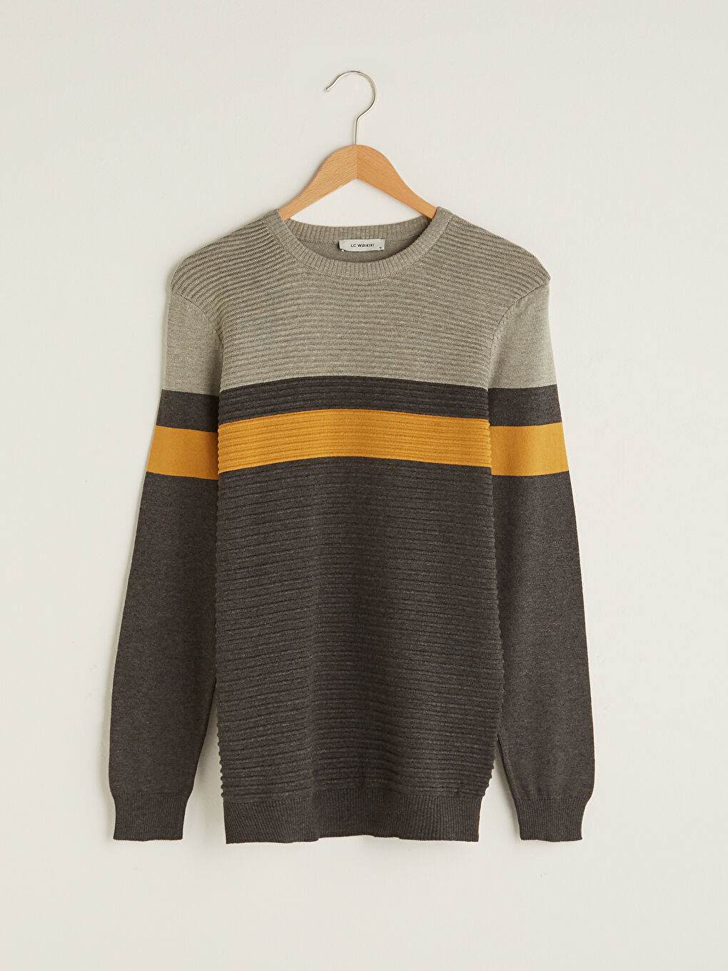 Sarı Bisiklet Yaka Uzun Kollu Renk Bloklu Erkek Triko Kazak-5