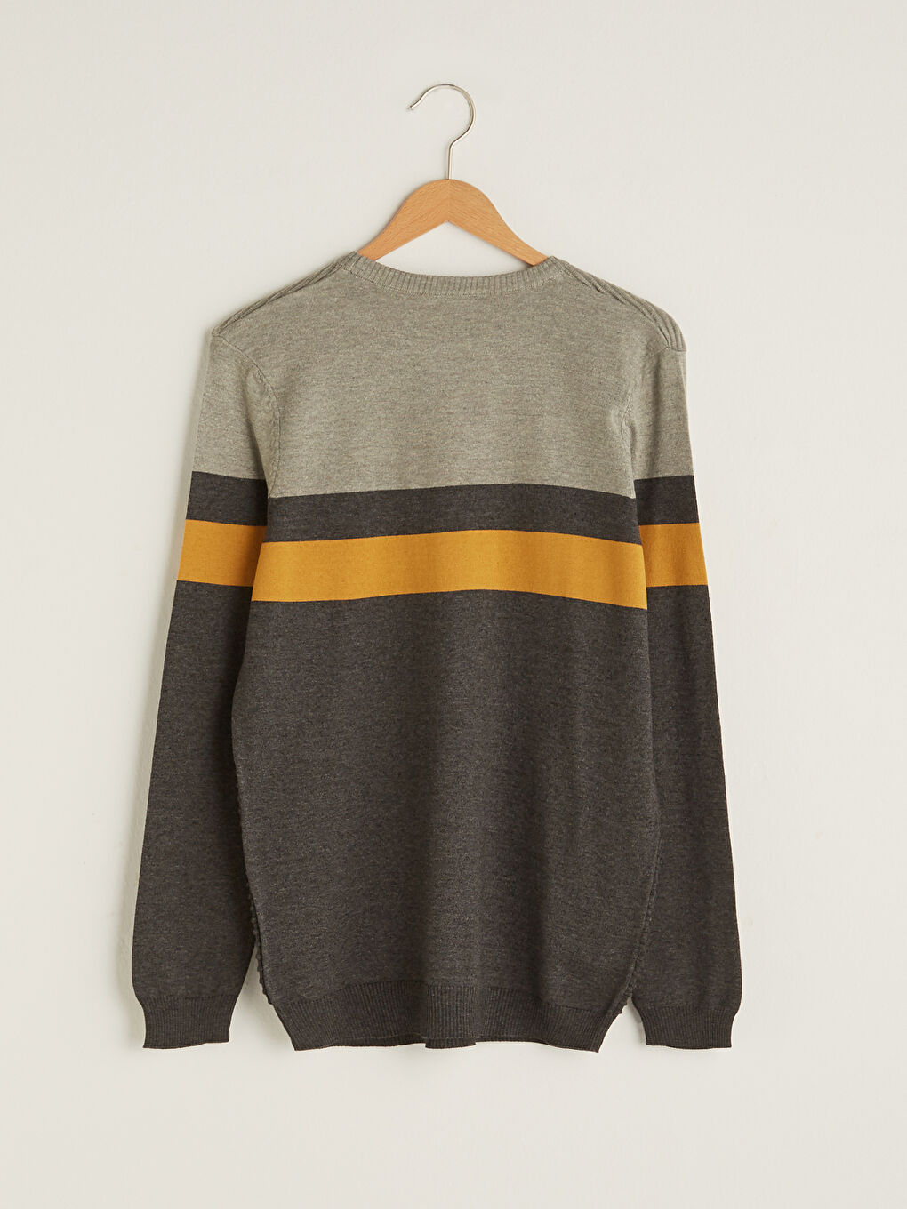 Sarı Bisiklet Yaka Uzun Kollu Renk Bloklu Erkek Triko Kazak-6