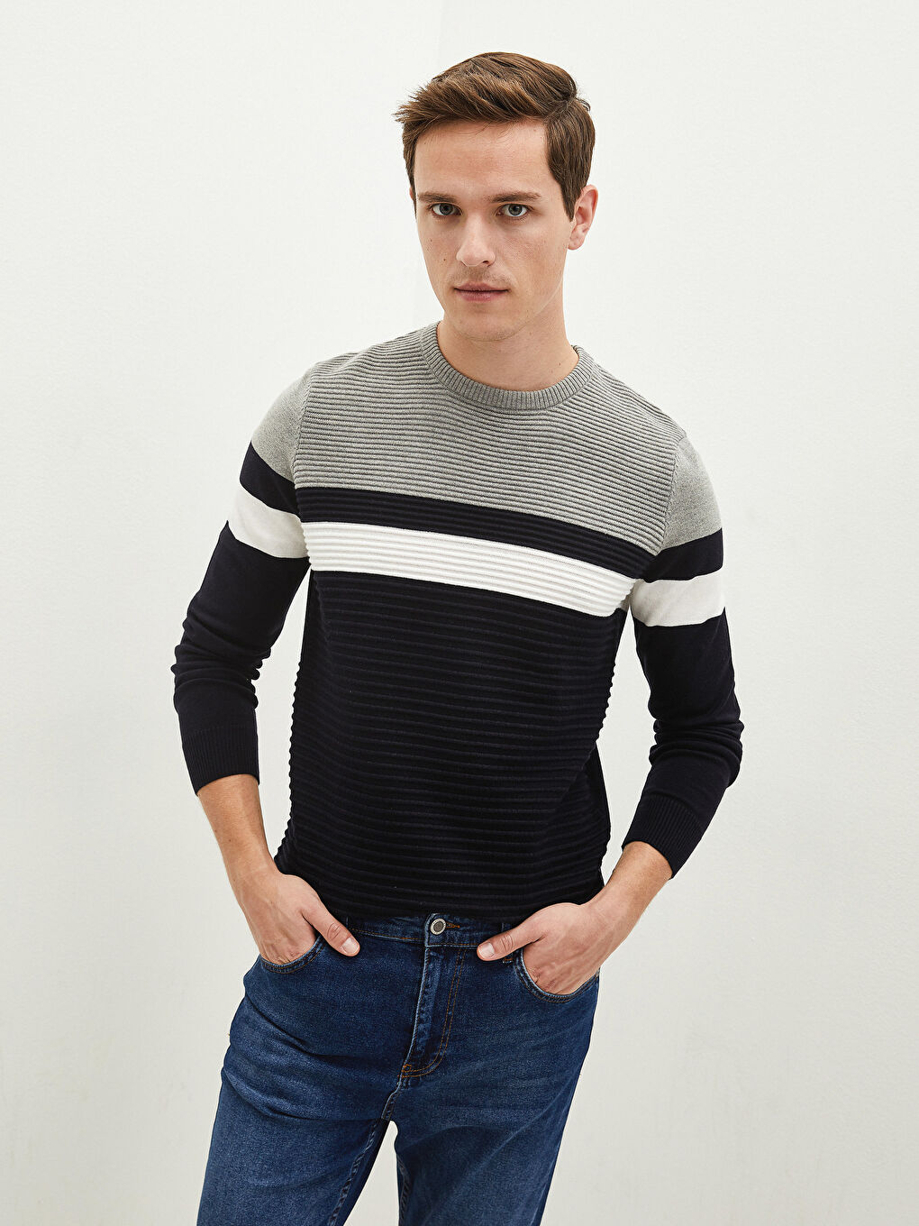 Lacivert Bisiklet Yaka Uzun Kollu Renk Bloklu Erkek Triko Kazak-1