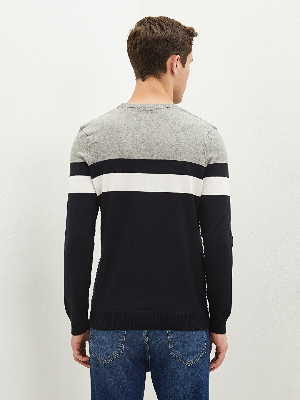 Lacivert Bisiklet Yaka Uzun Kollu Renk Bloklu Erkek Triko Kazak-4