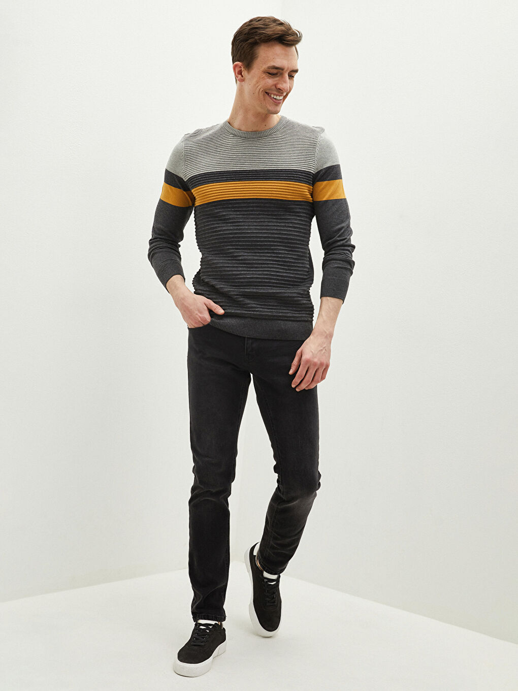 Sarı Bisiklet Yaka Uzun Kollu Renk Bloklu Erkek Triko Kazak-2