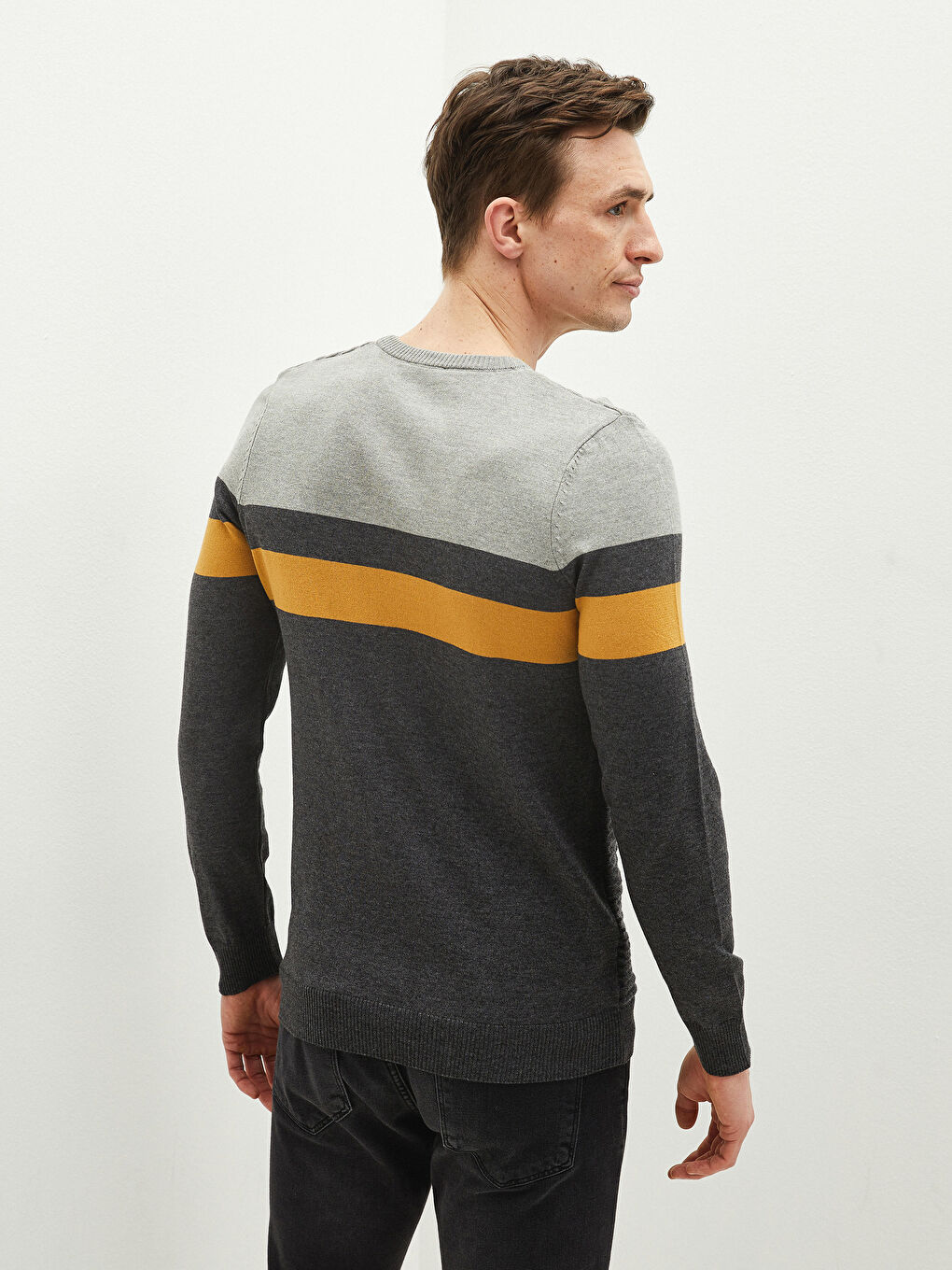 Sarı Bisiklet Yaka Uzun Kollu Renk Bloklu Erkek Triko Kazak-3