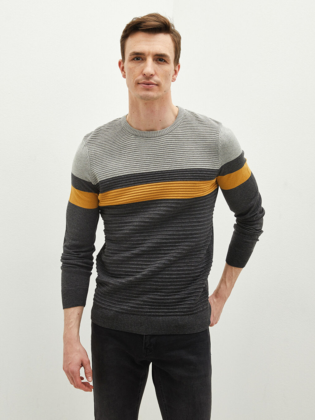 Sarı Bisiklet Yaka Uzun Kollu Renk Bloklu Erkek Triko Kazak-4