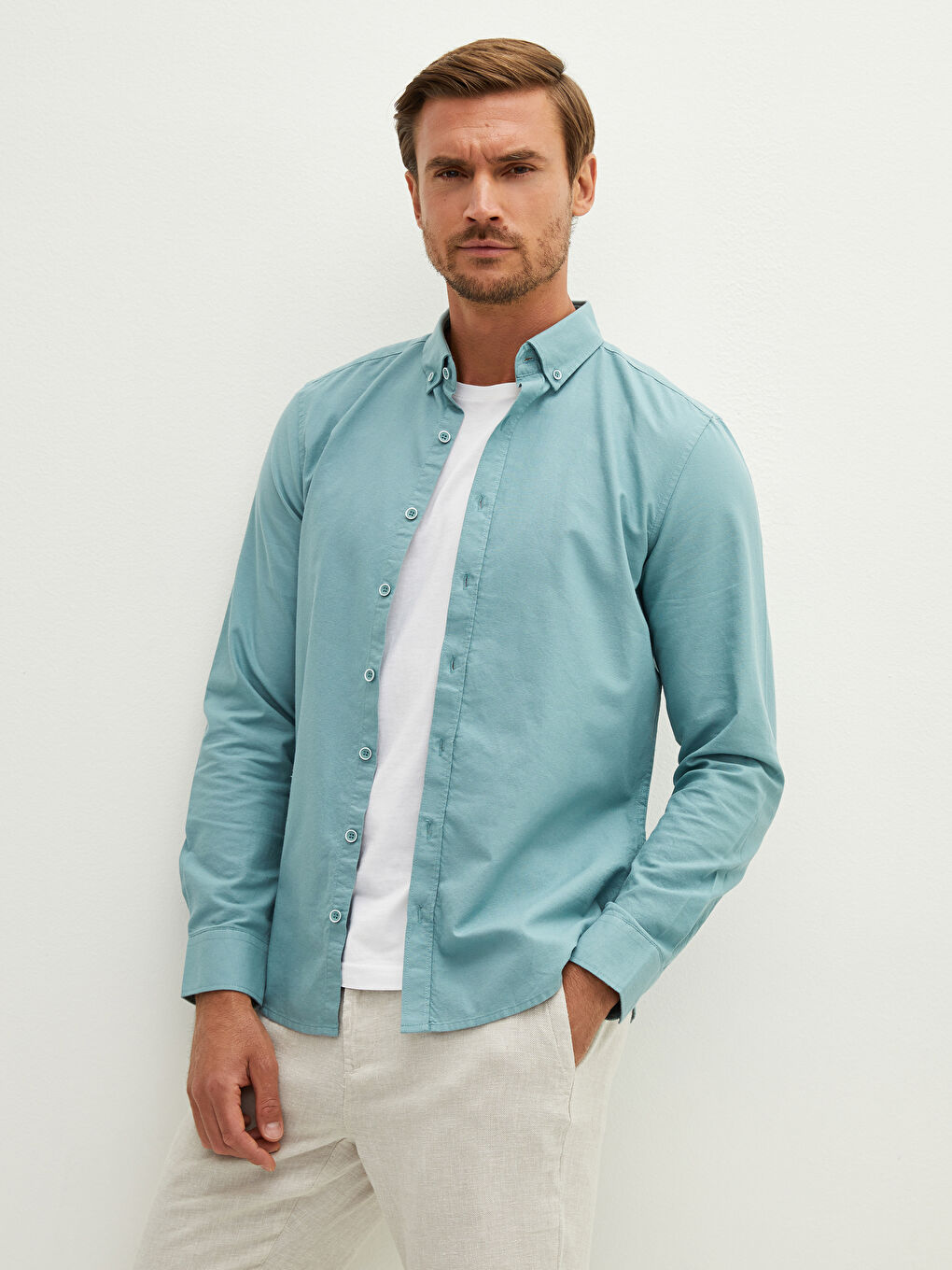 Slim Fit Long Sleeve Oxford Men's Shirt-3