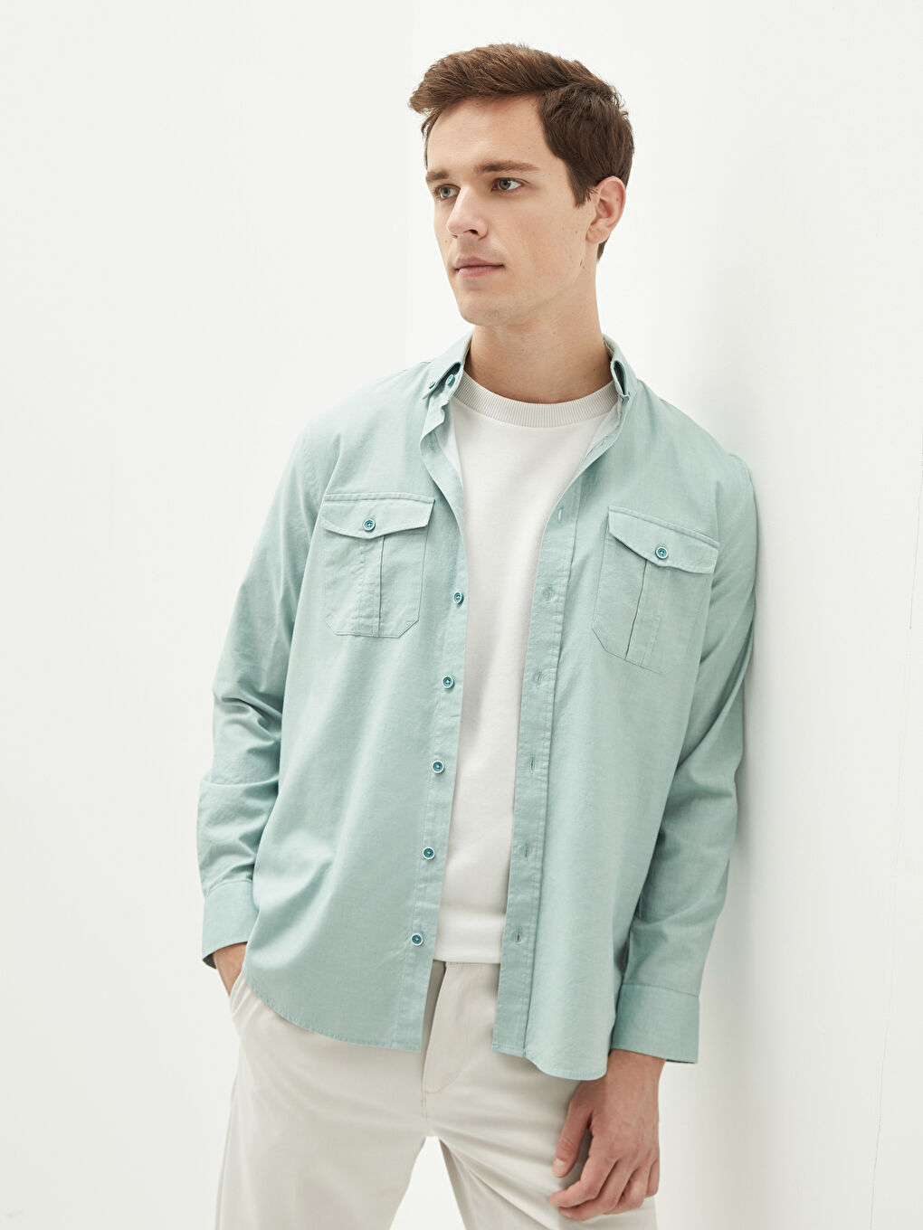 Chemise pour Hommes à Manches Longues en Gabardine Coupe Régulière