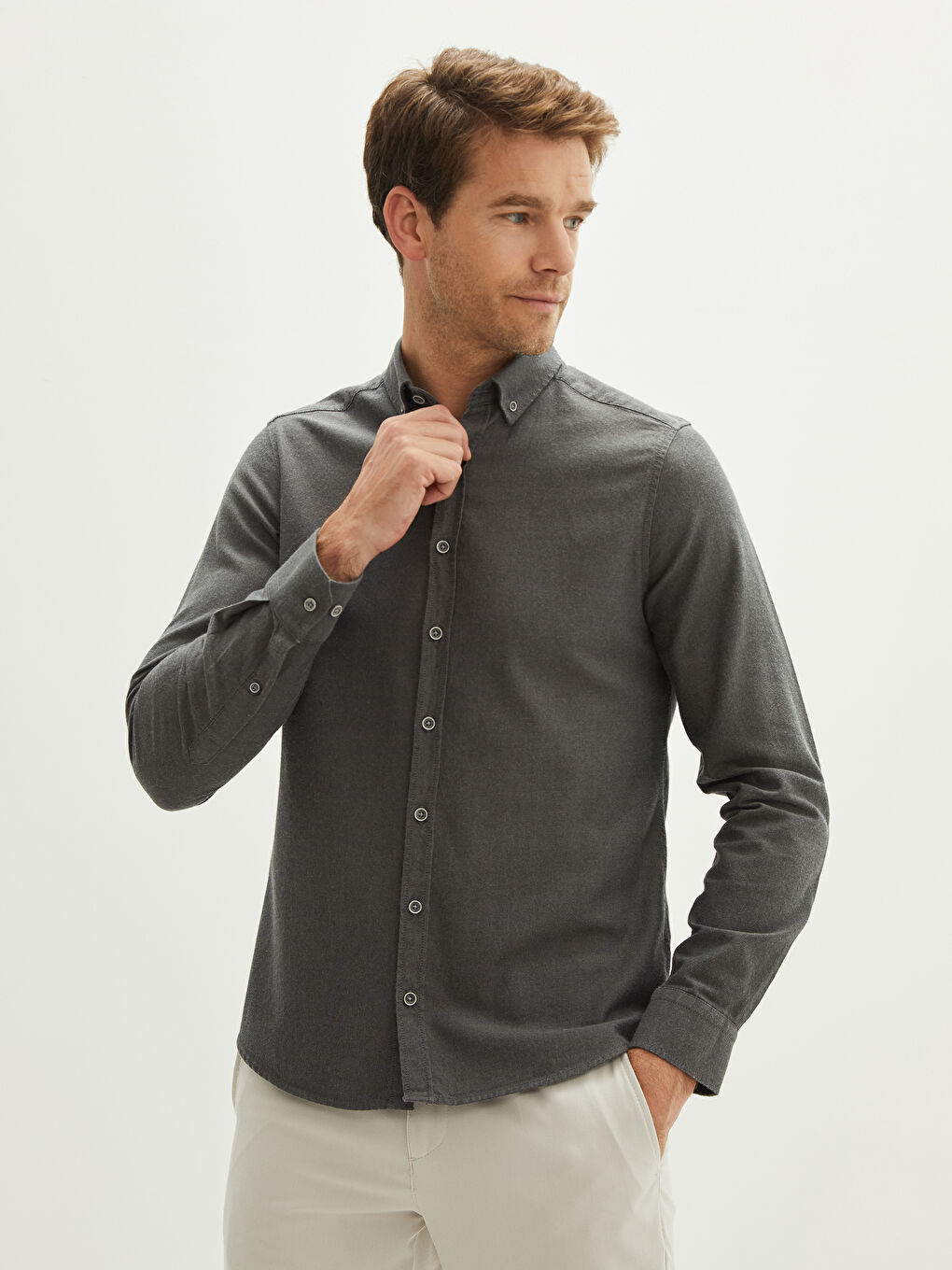 Antrasit Slim Fit Uzun Kollu Gabardin Erkek Gömlek