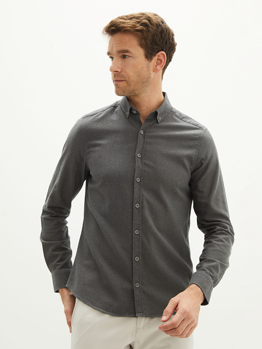 Antrasit Slim Fit Uzun Kollu Gabardin Erkek Gömlek-1