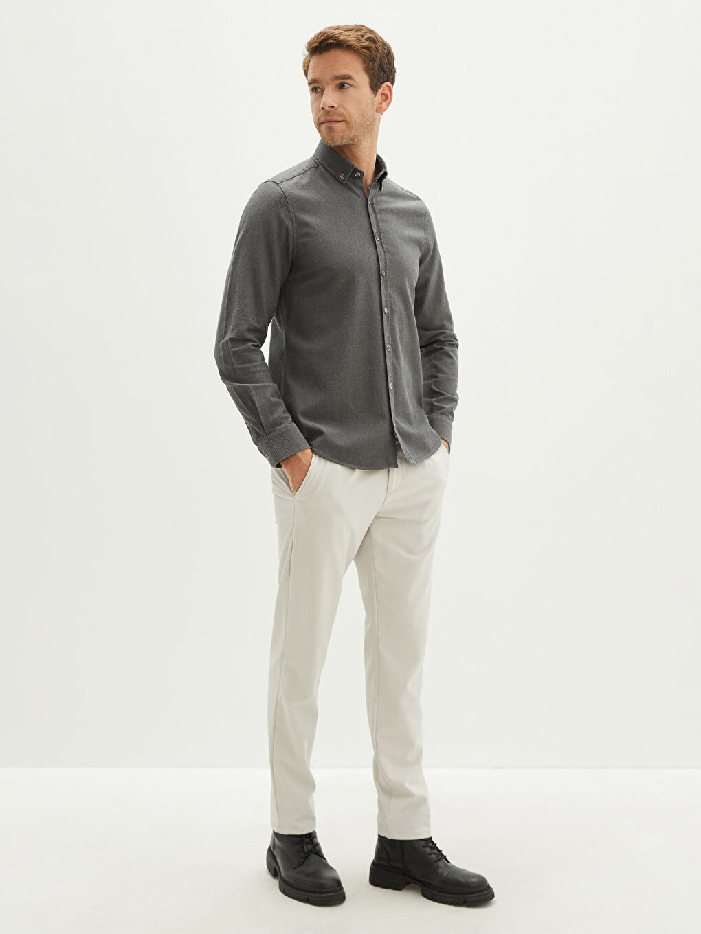 Antrasit Slim Fit Uzun Kollu Gabardin Erkek Gömlek-2
