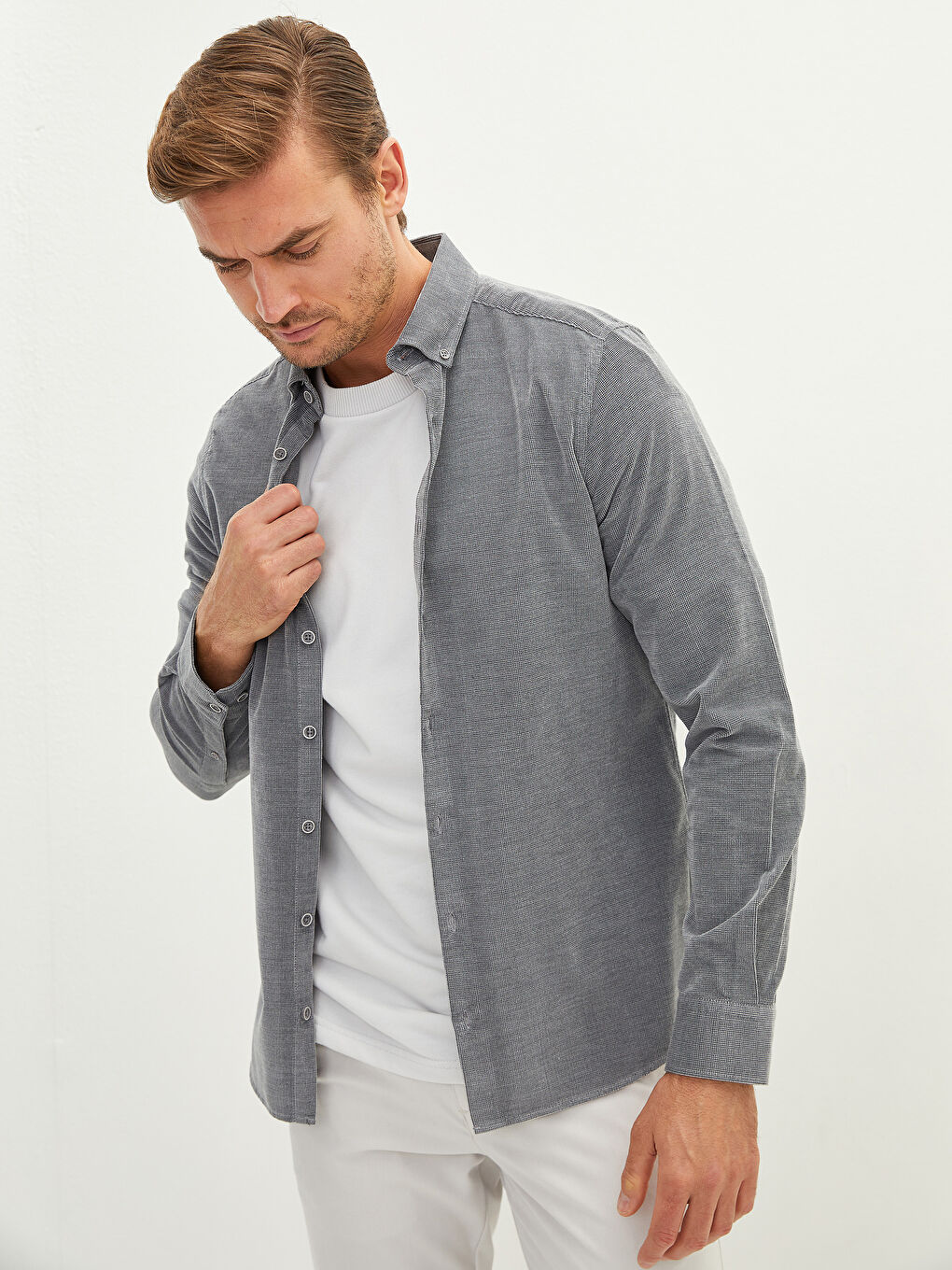 Gri Slim Fit Uzun Kollu Kadife Erkek Gömlek