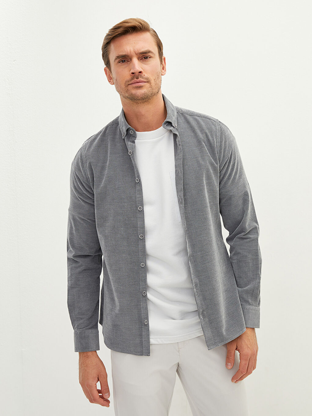 Gri Slim Fit Uzun Kollu Kadife Erkek Gömlek-1