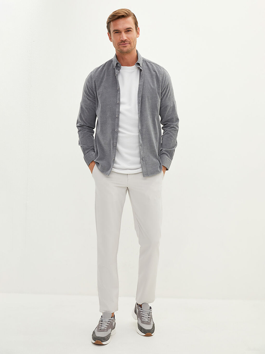 Gri Slim Fit Uzun Kollu Kadife Erkek Gömlek-3