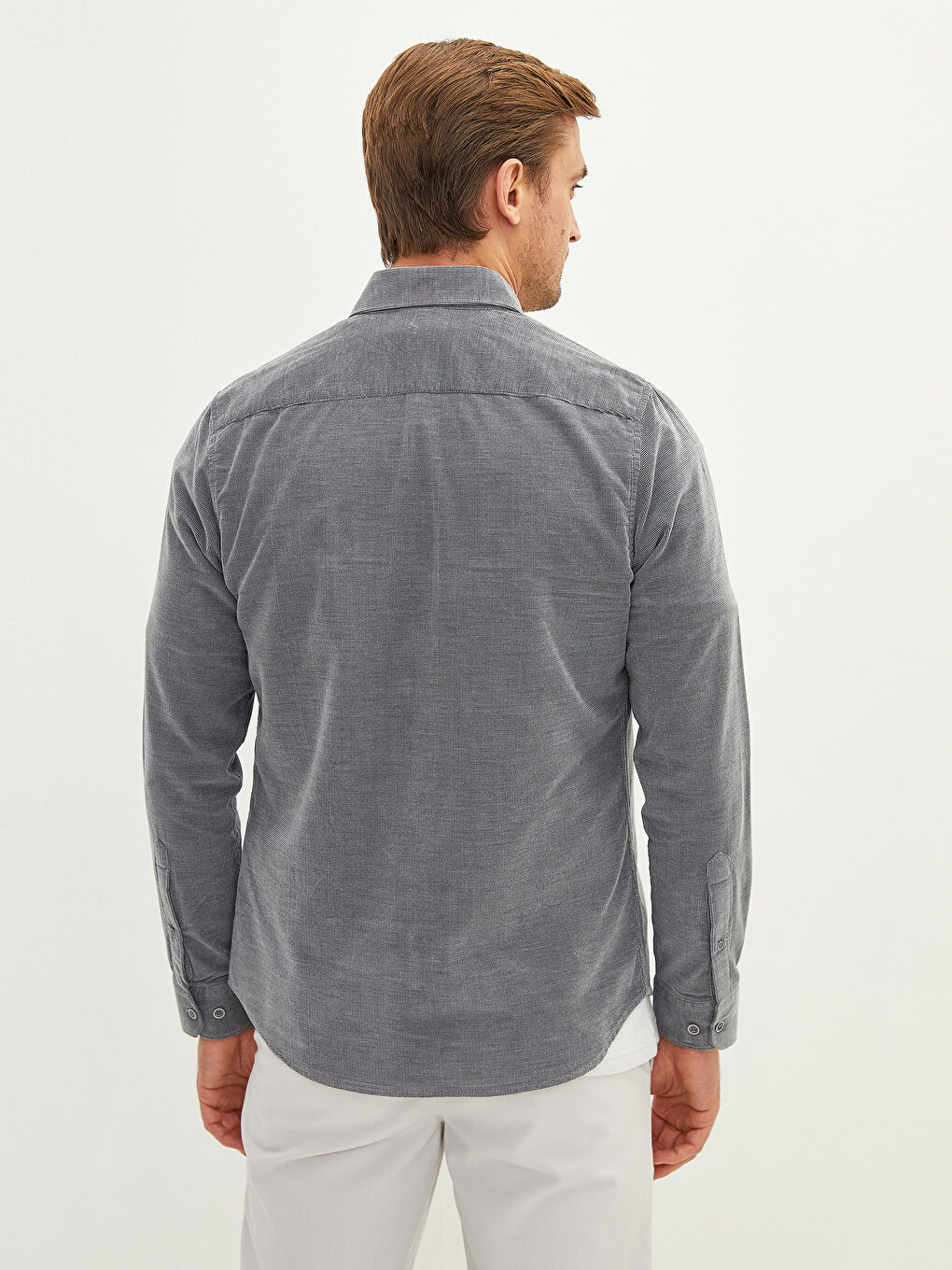 Gri Slim Fit Uzun Kollu Kadife Erkek Gömlek-4