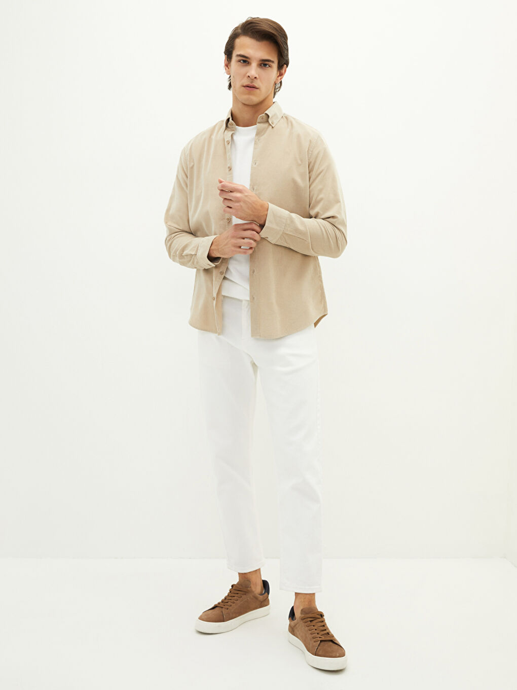 Bej Slim Fit Uzun Kollu Kadife Erkek Gömlek-1