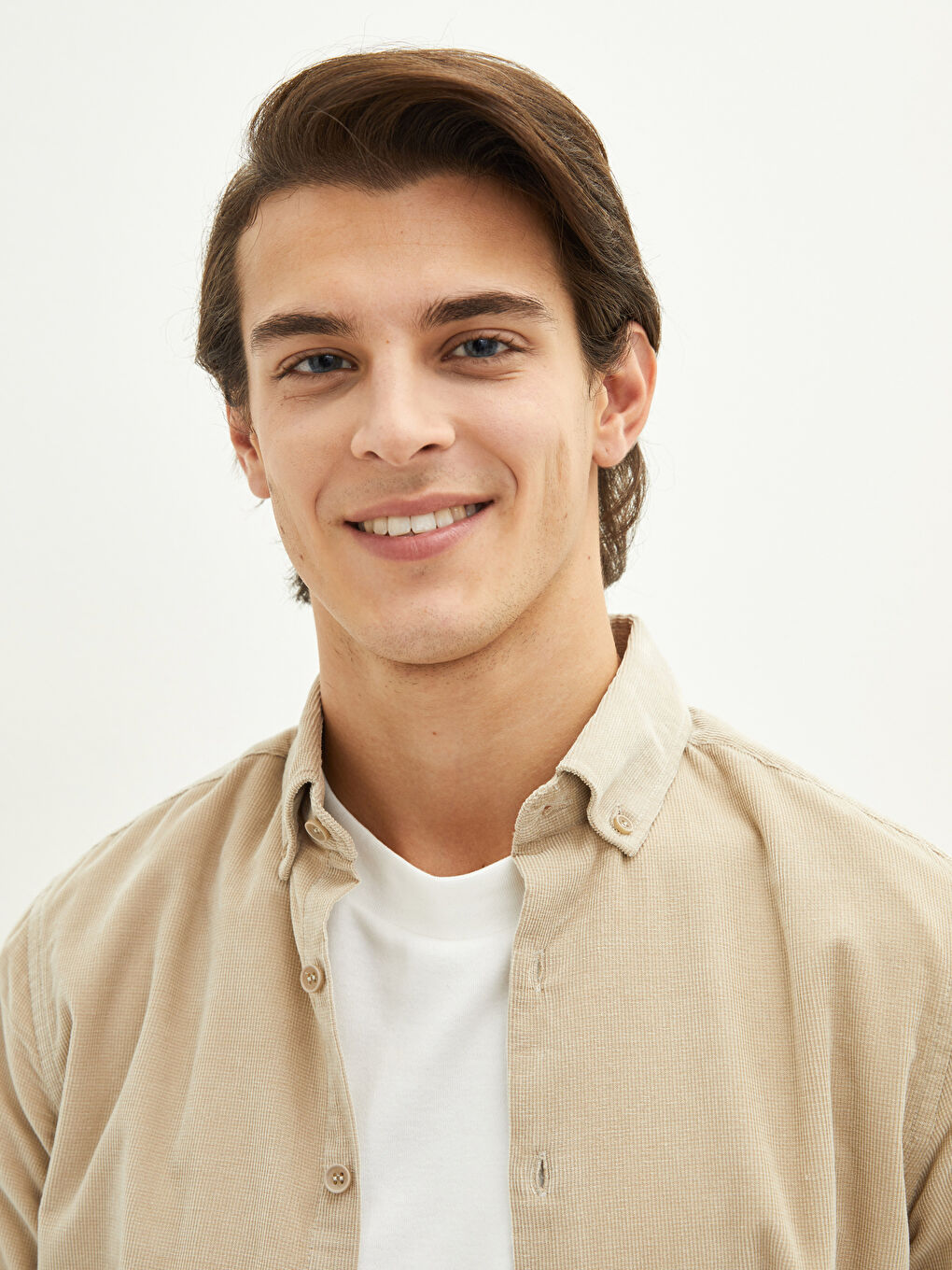 Bej Slim Fit Uzun Kollu Kadife Erkek Gömlek-2