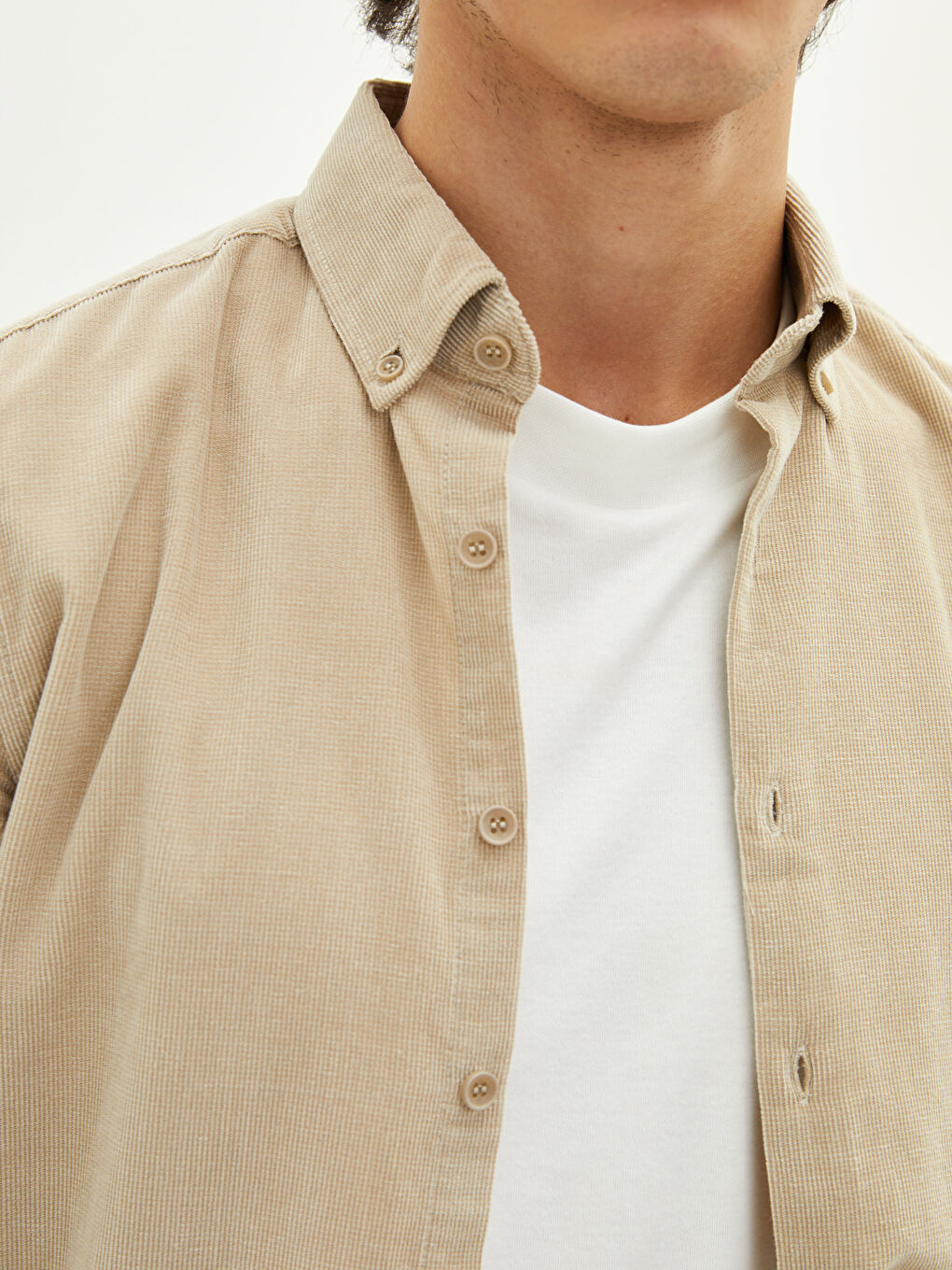Bej Slim Fit Uzun Kollu Kadife Erkek Gömlek-3