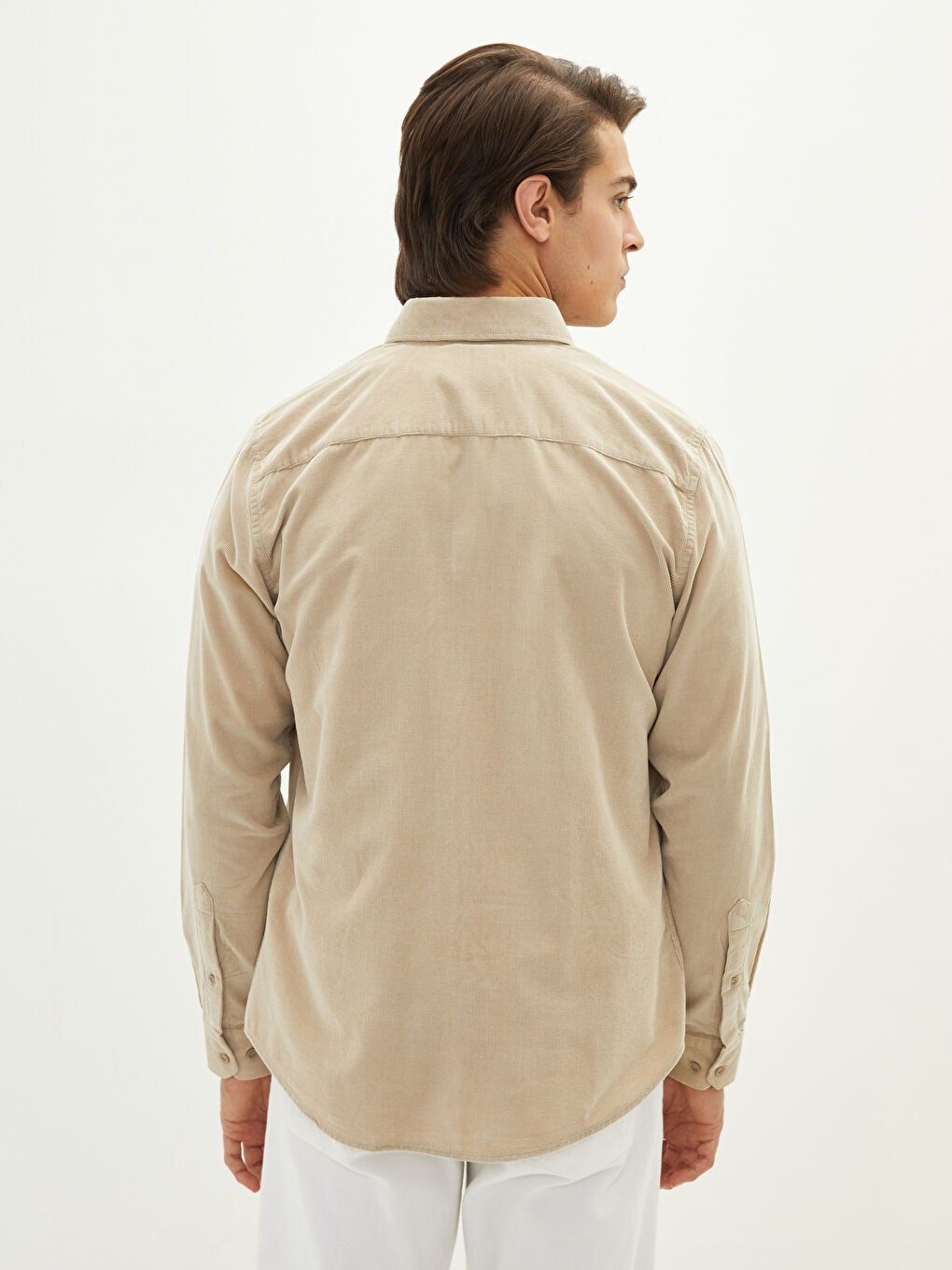 Bej Slim Fit Uzun Kollu Kadife Erkek Gömlek-4