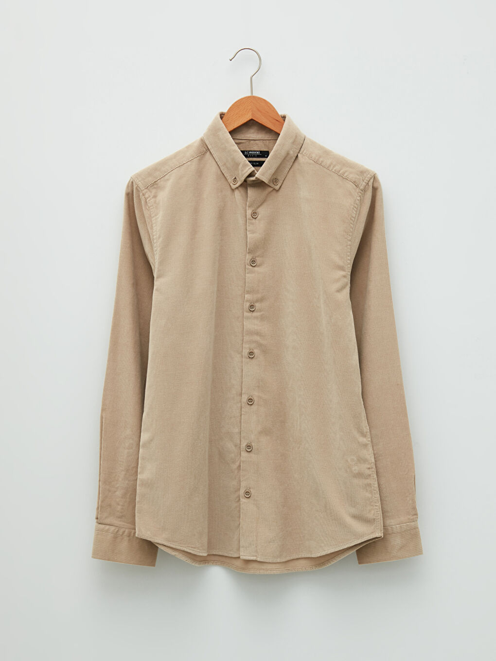 Bej Slim Fit Uzun Kollu Kadife Erkek Gömlek-5