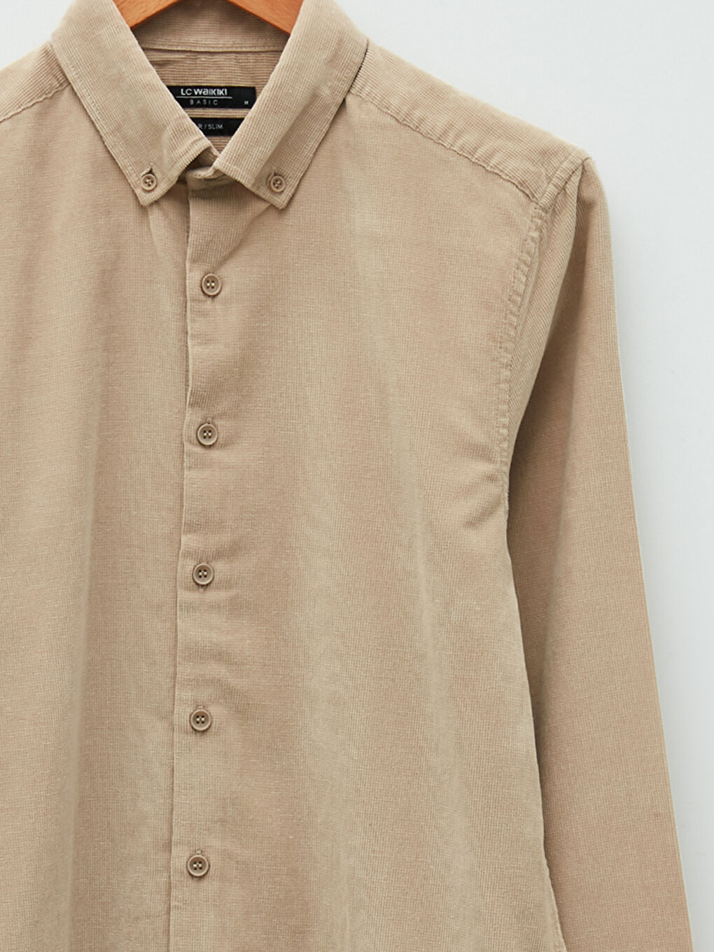 Bej Slim Fit Uzun Kollu Kadife Erkek Gömlek-7