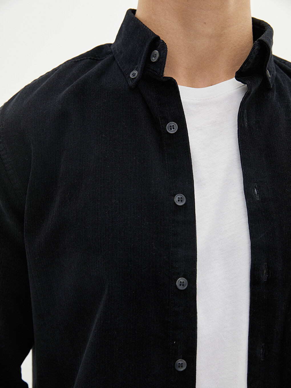 Siyah Regular Fit Uzun Kollu Kadife Erkek Gömlek-2